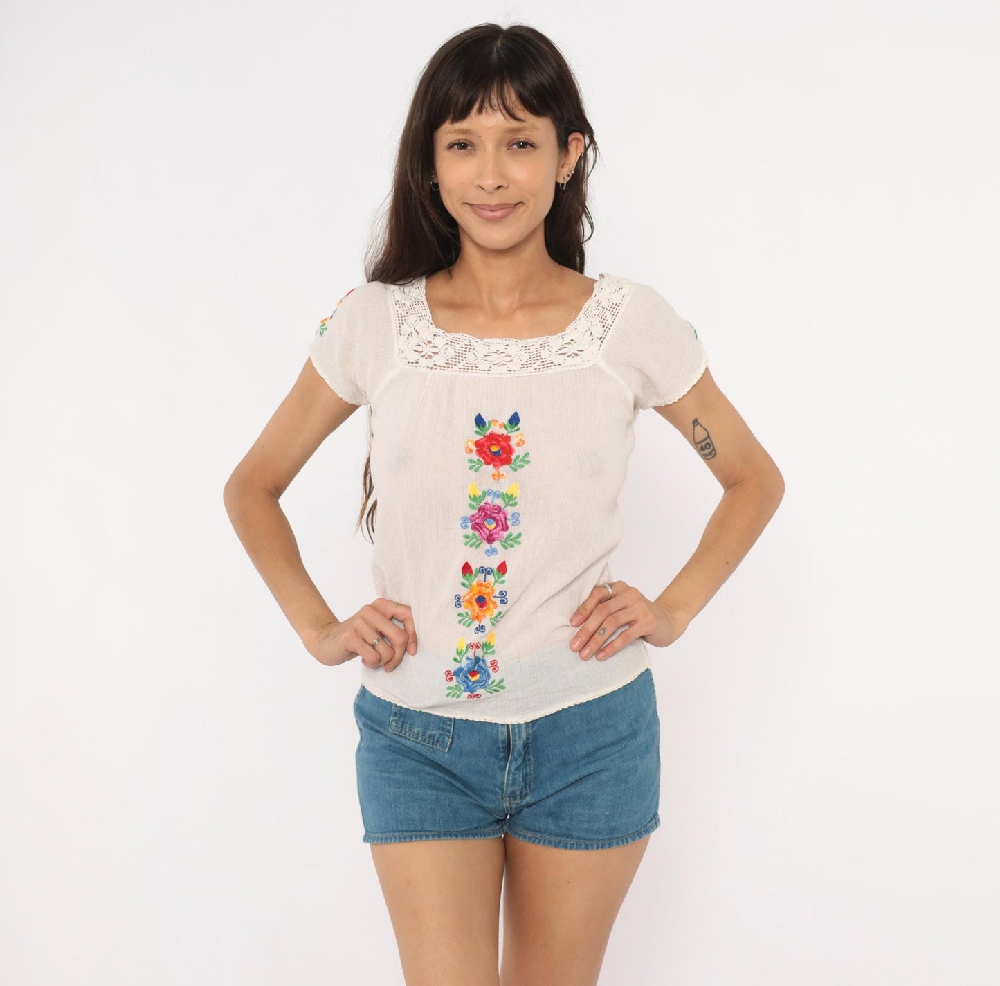 2000s Delias Peasant Blouse Embroidered Floral Crochet Cream Cotton XS