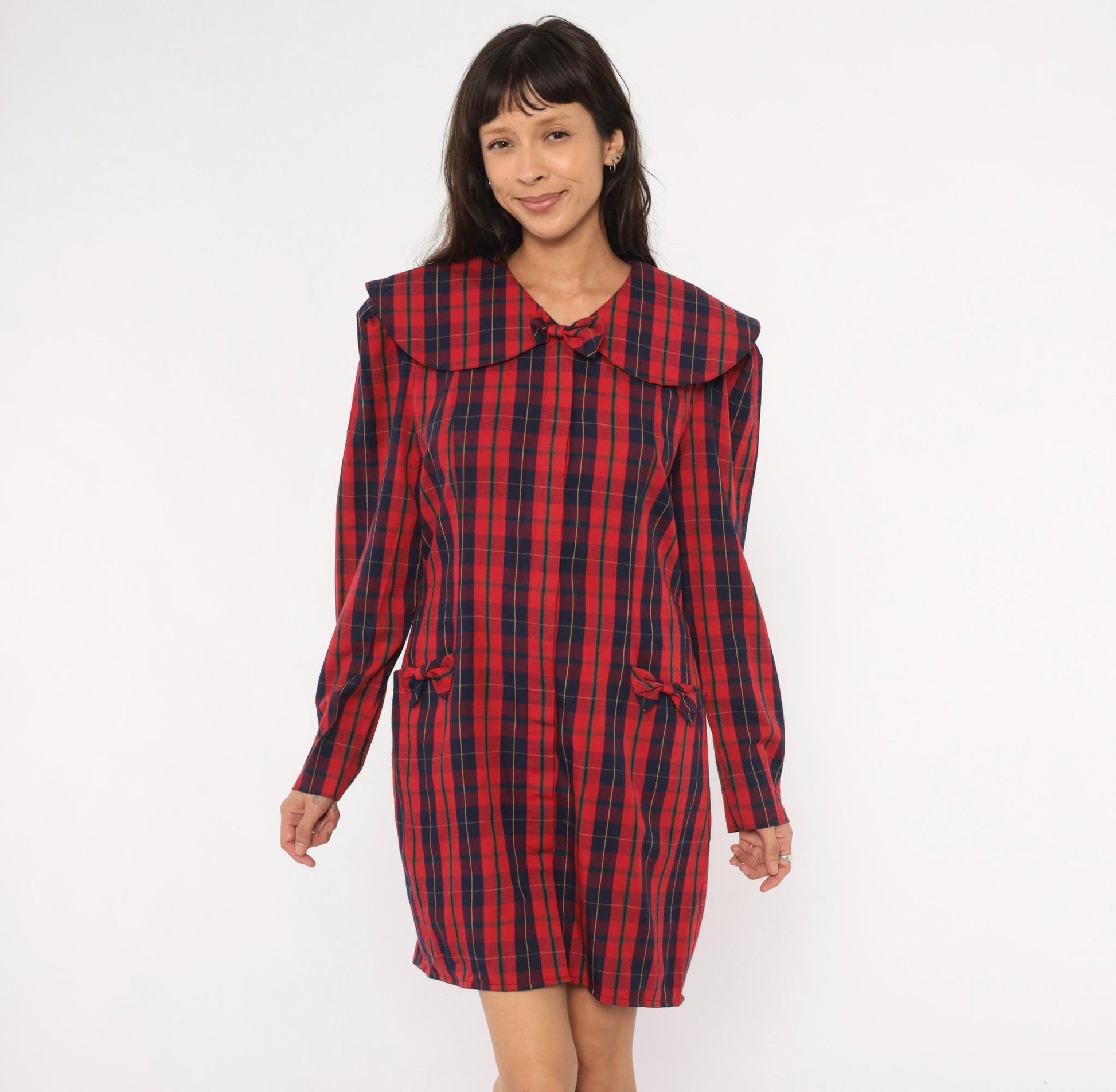 80s Sharon Young Plaid Shift Dress Red Navy Tartan Peter Pan Collar Large L