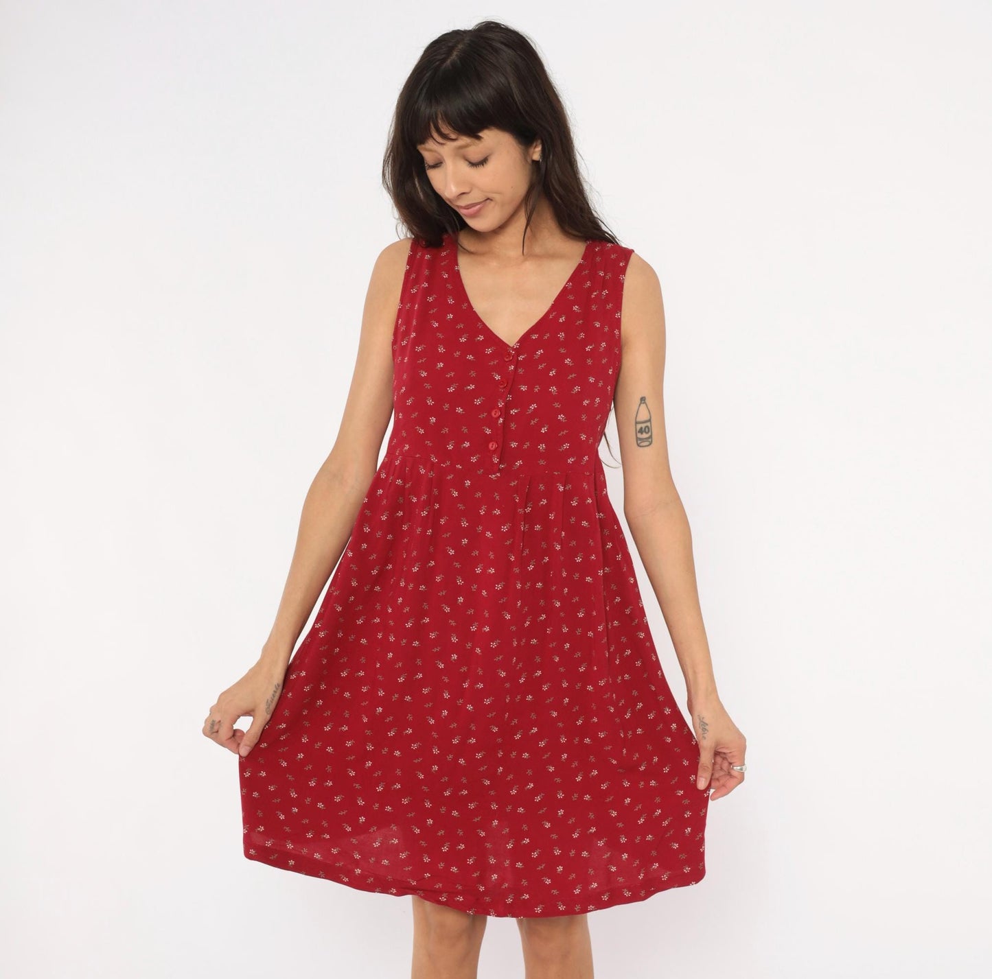 90s Motherhood Ditsy Floral Sundress Red Sleeveless Babydoll Medium M
