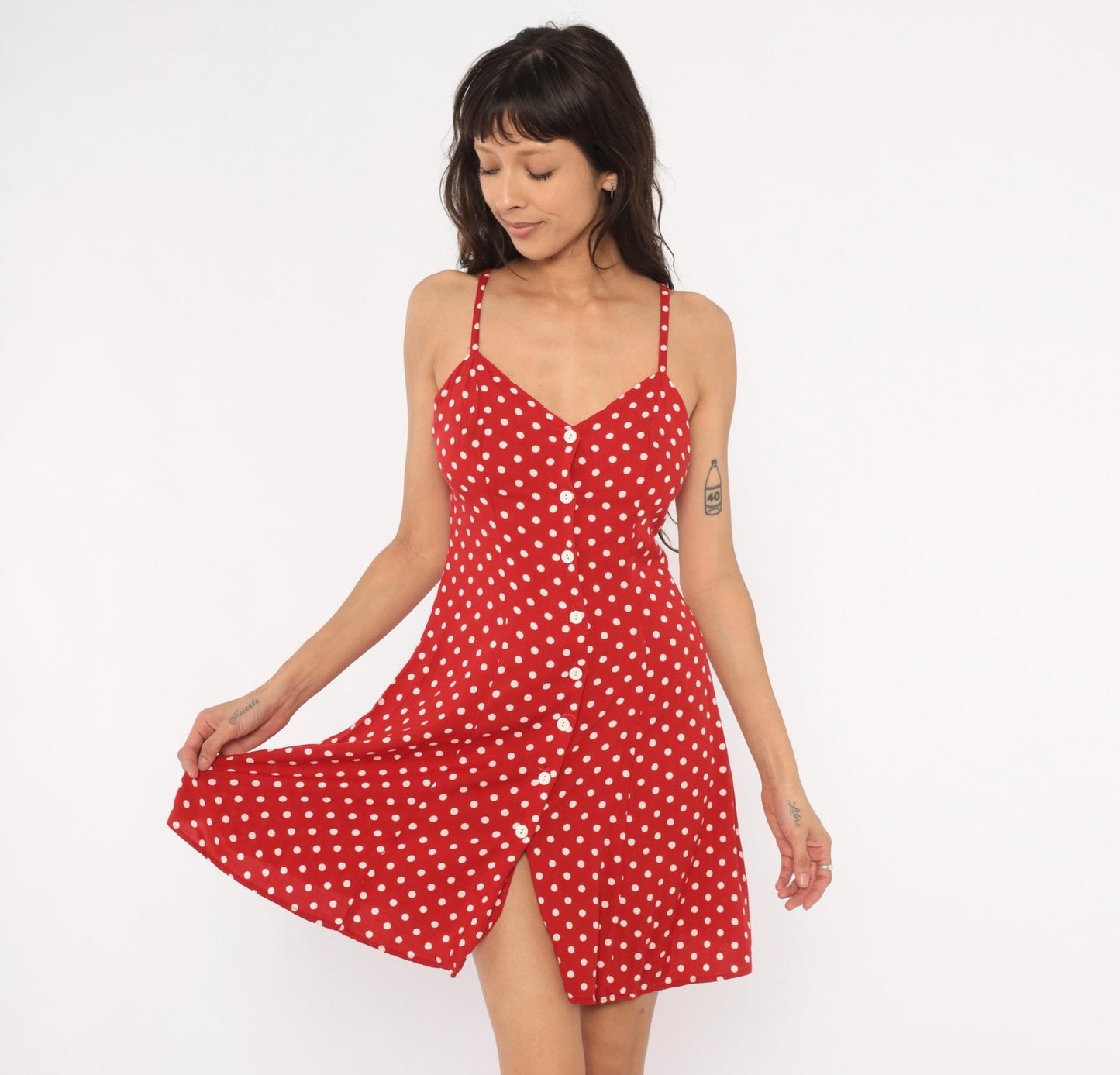 90s Moda INTL Red Polka Dot Sundress Spaghetti Strap V Neck Mini Small S