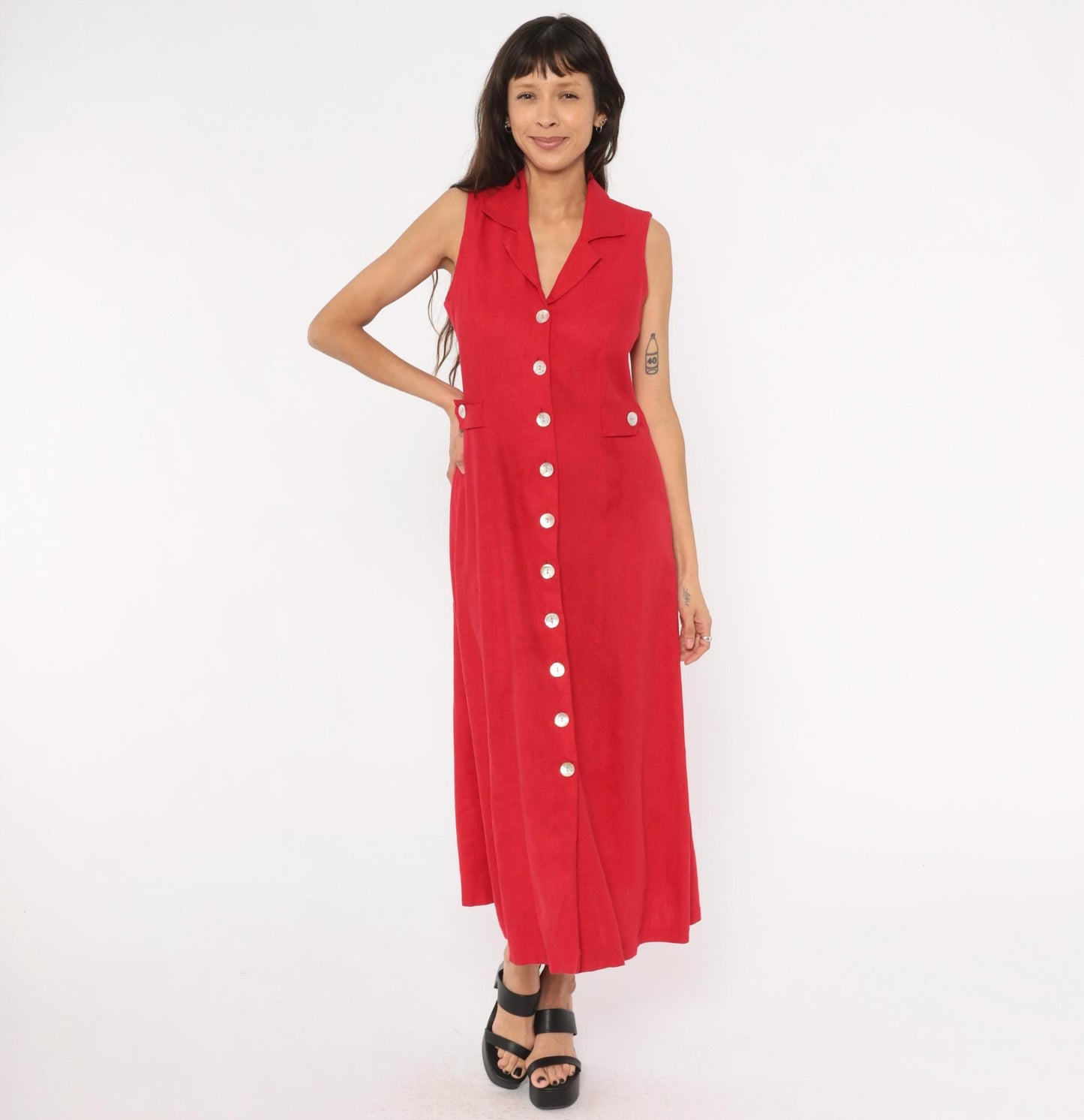 90s Ultra Dress Red Linen Button-Front Maxi Shirtdress Small S