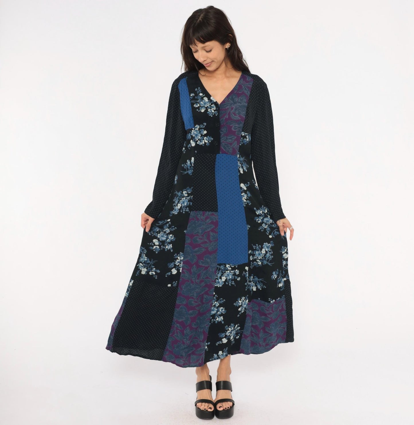 90s Carole Little Patchwork Floral Maxi Dress V Neck Button Front Medium M