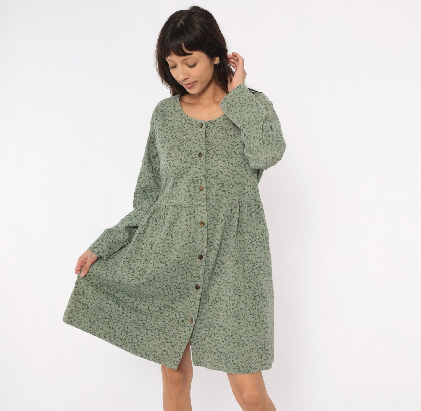 90s Sage Green Floral Button Front Dress Long Sleeve Cotton Prairie Gathered Waist Large L