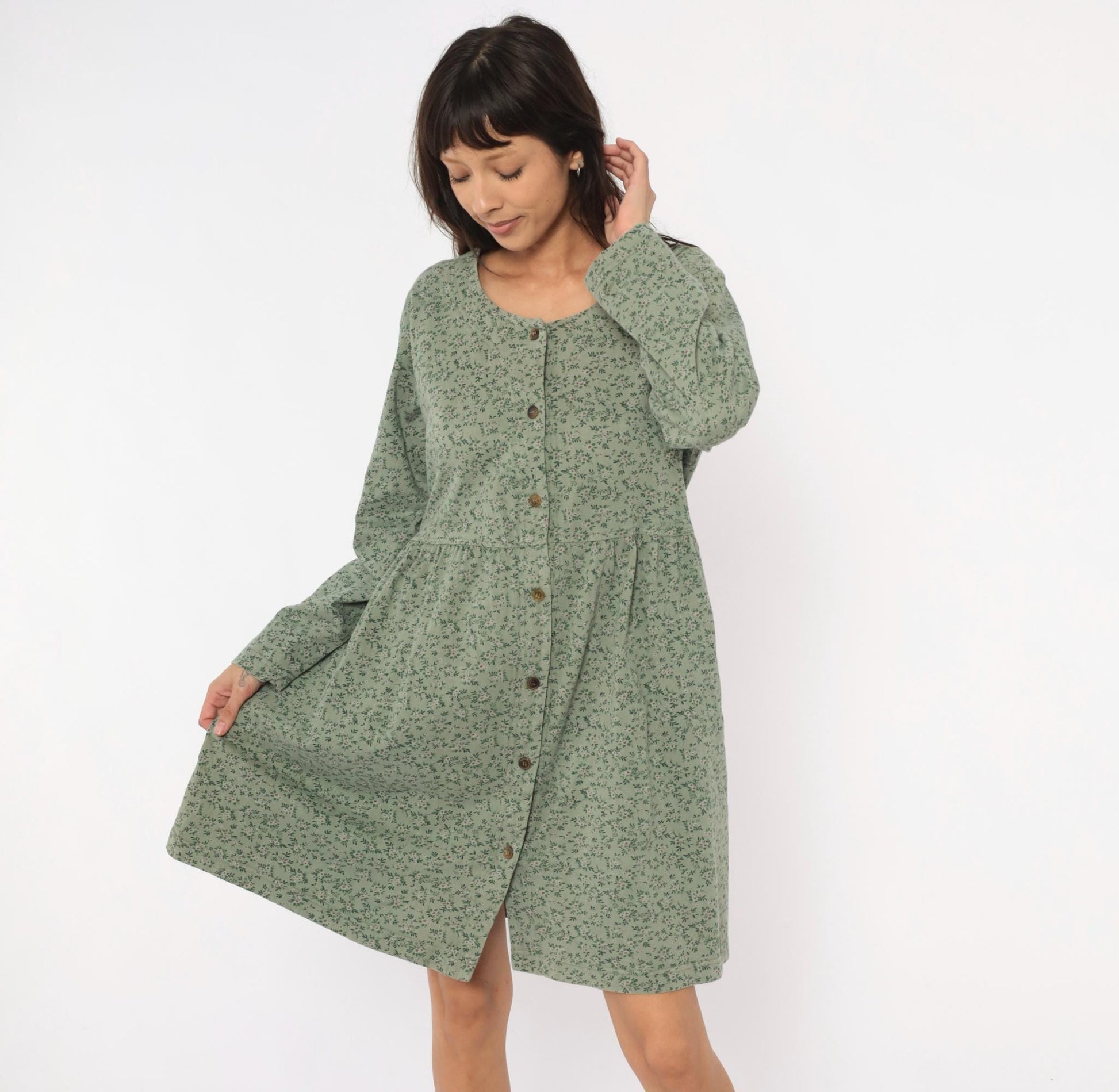 90s Sage Green Floral Button Front Dress Long Sleeve Cotton Prairie Gathered Waist Large L