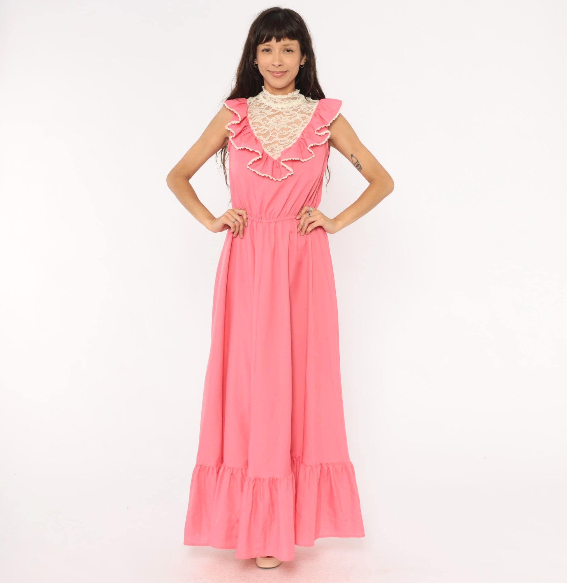 70s Pink Lace Bib Maxi Dress Ruffle Trim High Neck Floral Panel Medium