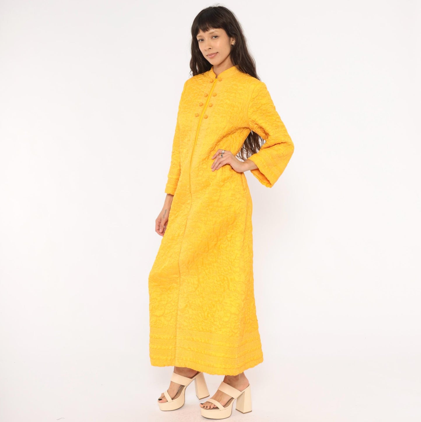 70s Golden Yellow Quilted Maxi Robe Mandarin Collar Floral Embroidered Medium