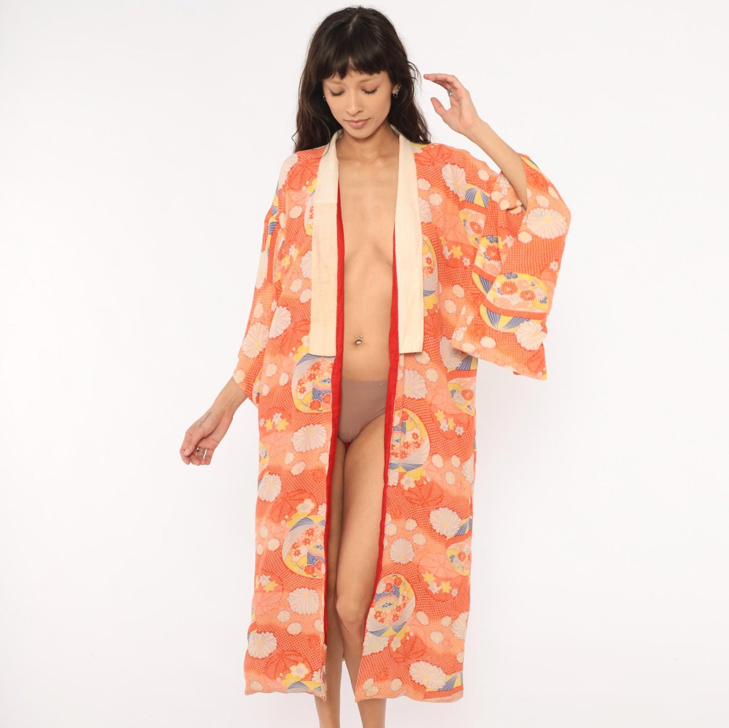 70s Japanese Silk Kimono Robe Orange Floral Chrysanthemum Midi Medium M
