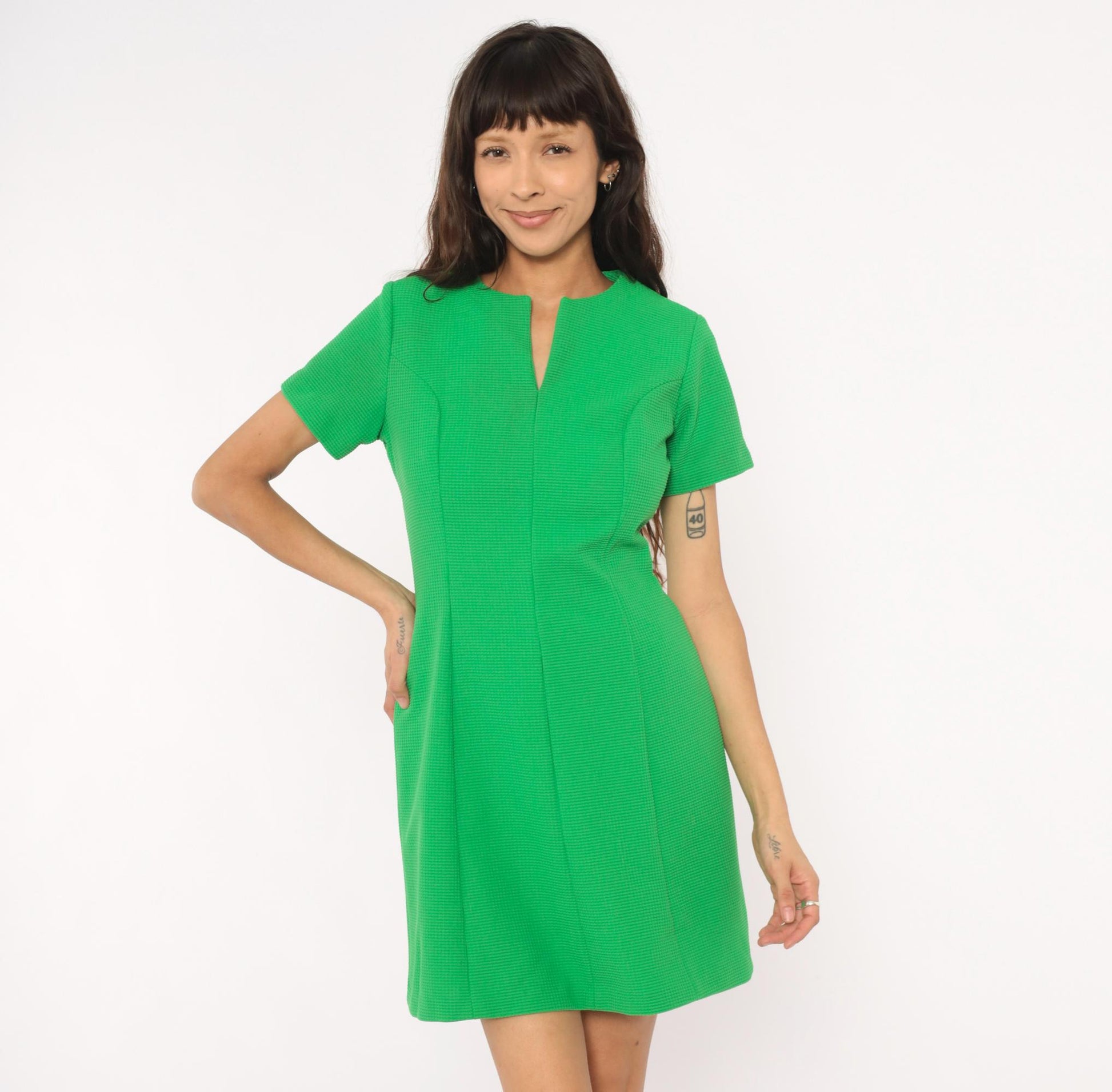 60s Sears Mod Mini Dress Green Shift Waffle Knit Fitted Waist Medium