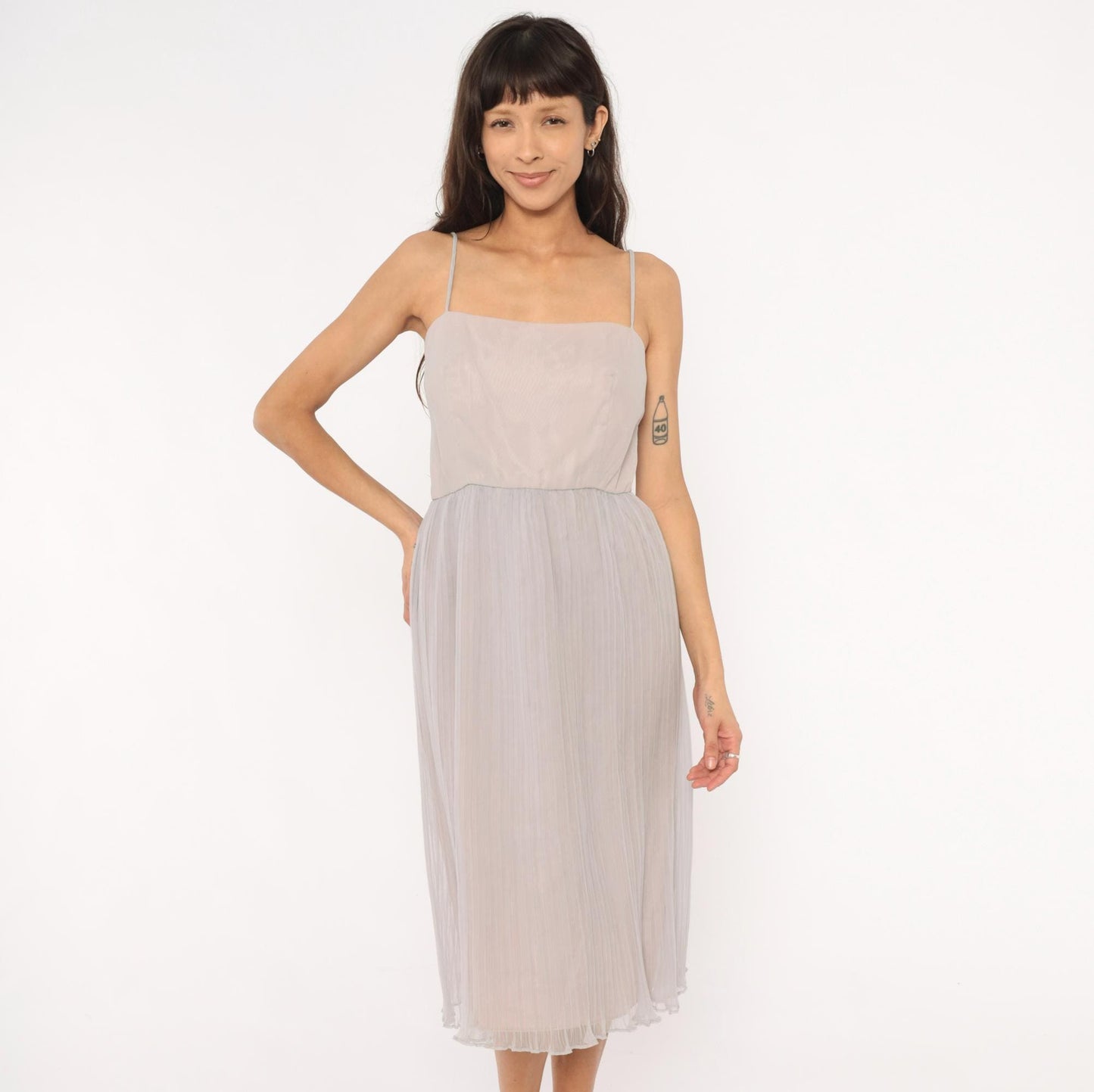 70s Lee Jordan Lavender Midi Dress Square Neck Pleated Chiffon Extra Small XS