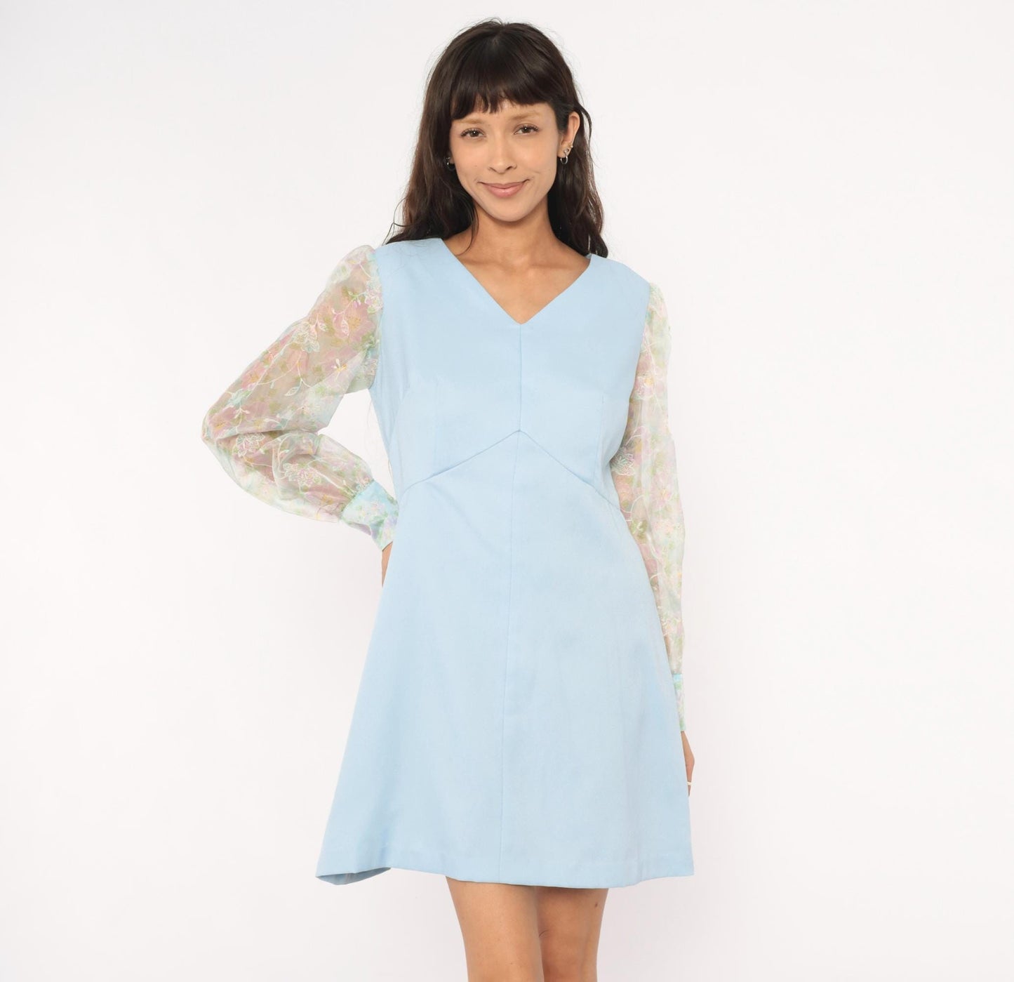 70s Sky Blue Mini Dress Sheer Floral Organza Bishop Sleeves Medium M