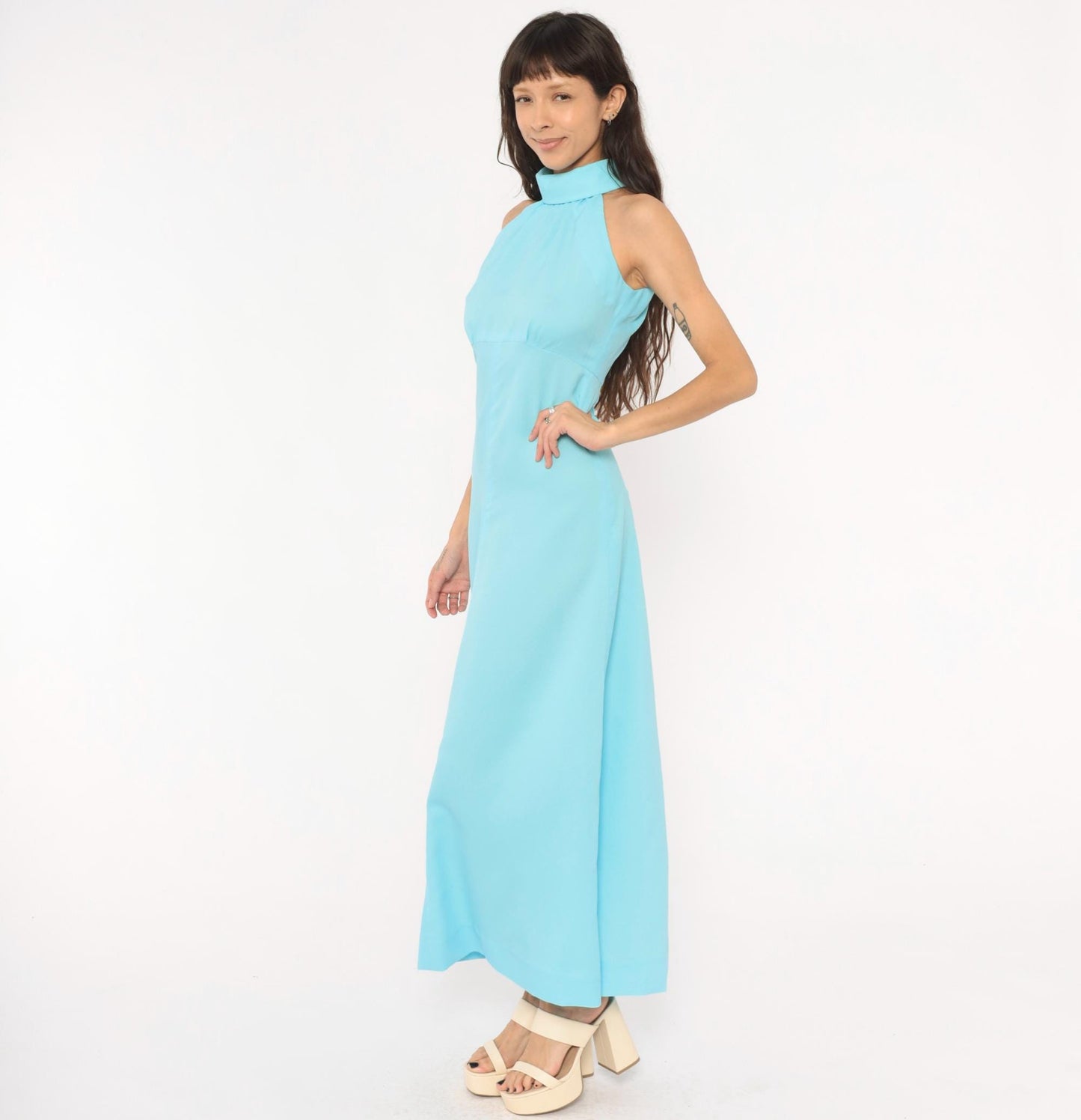 70s Sky Blue Halter Maxi Dress High Neck Sleeveless A-Line Small