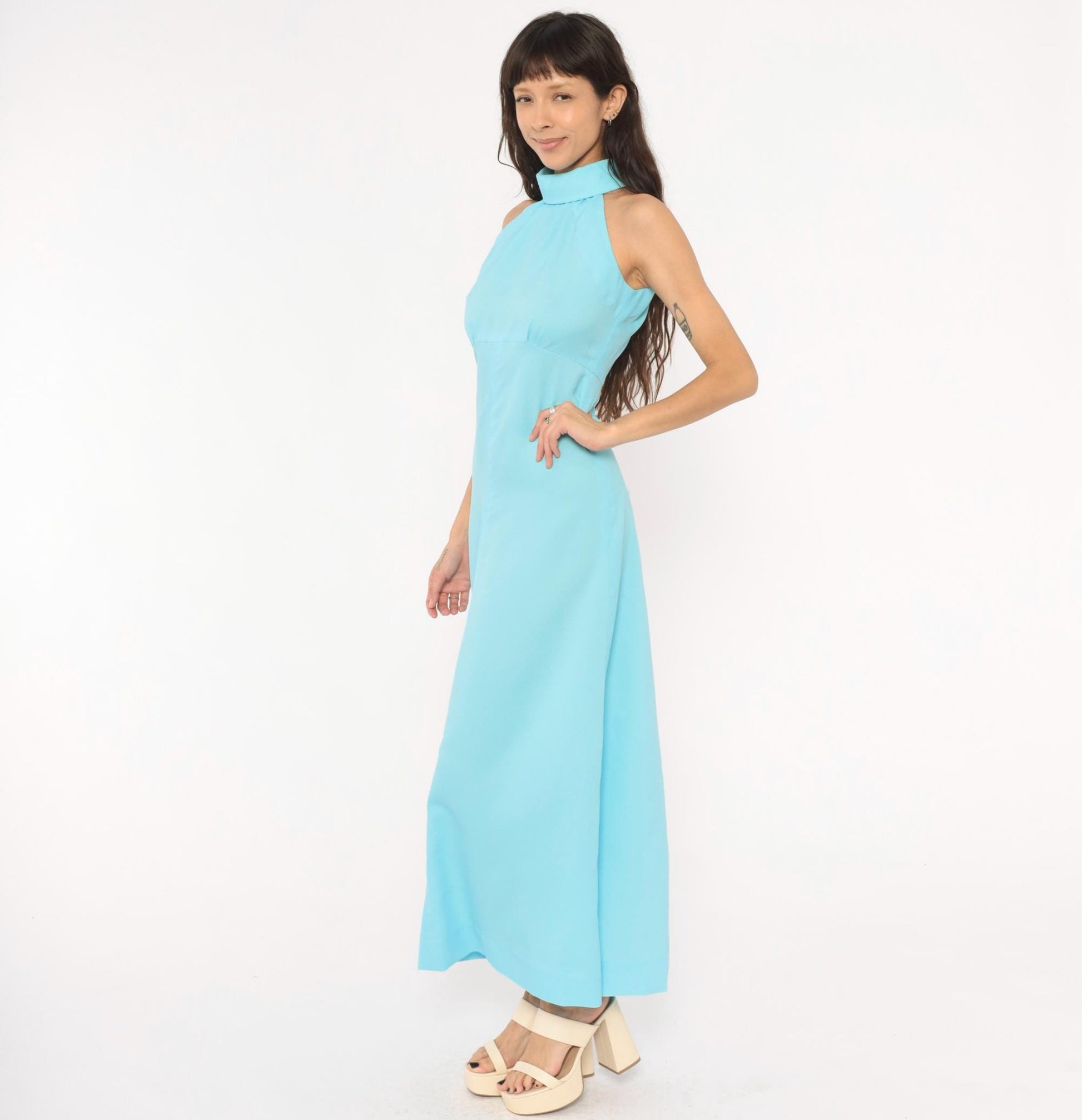 70s Sky Blue Halter Maxi Dress High Neck Sleeveless A-Line Small