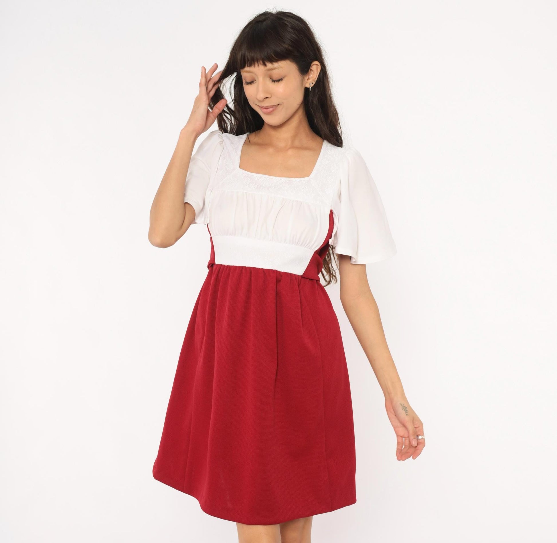 70s Burgundy Wine Mini Dress Ivory Bodice Puff Sleeve Square Neck Empire Waist Small