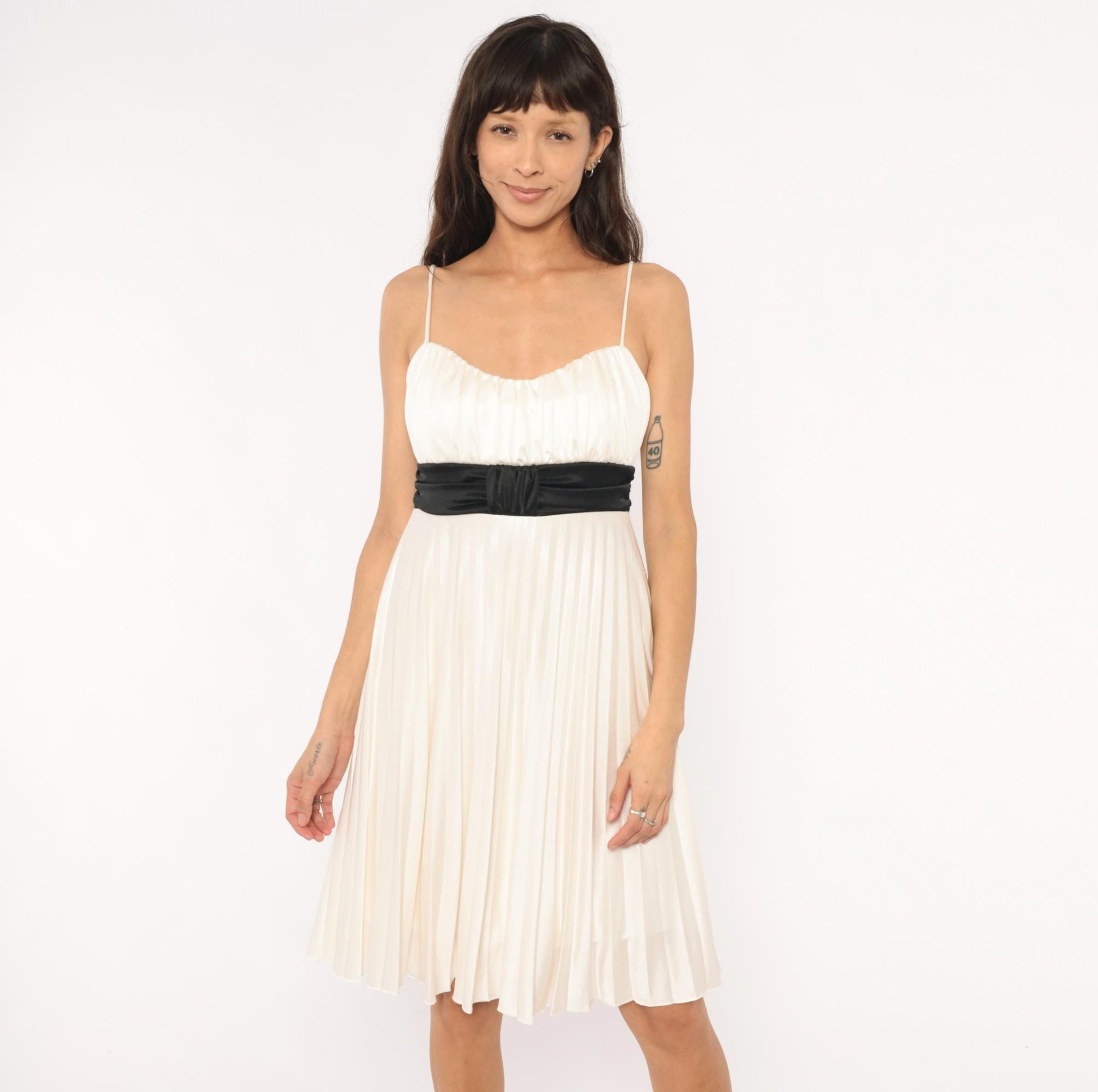 Y2K Charlotte Russe Pleated Babydoll Dress Ivory Spaghetti Strap Empire Waist Large L