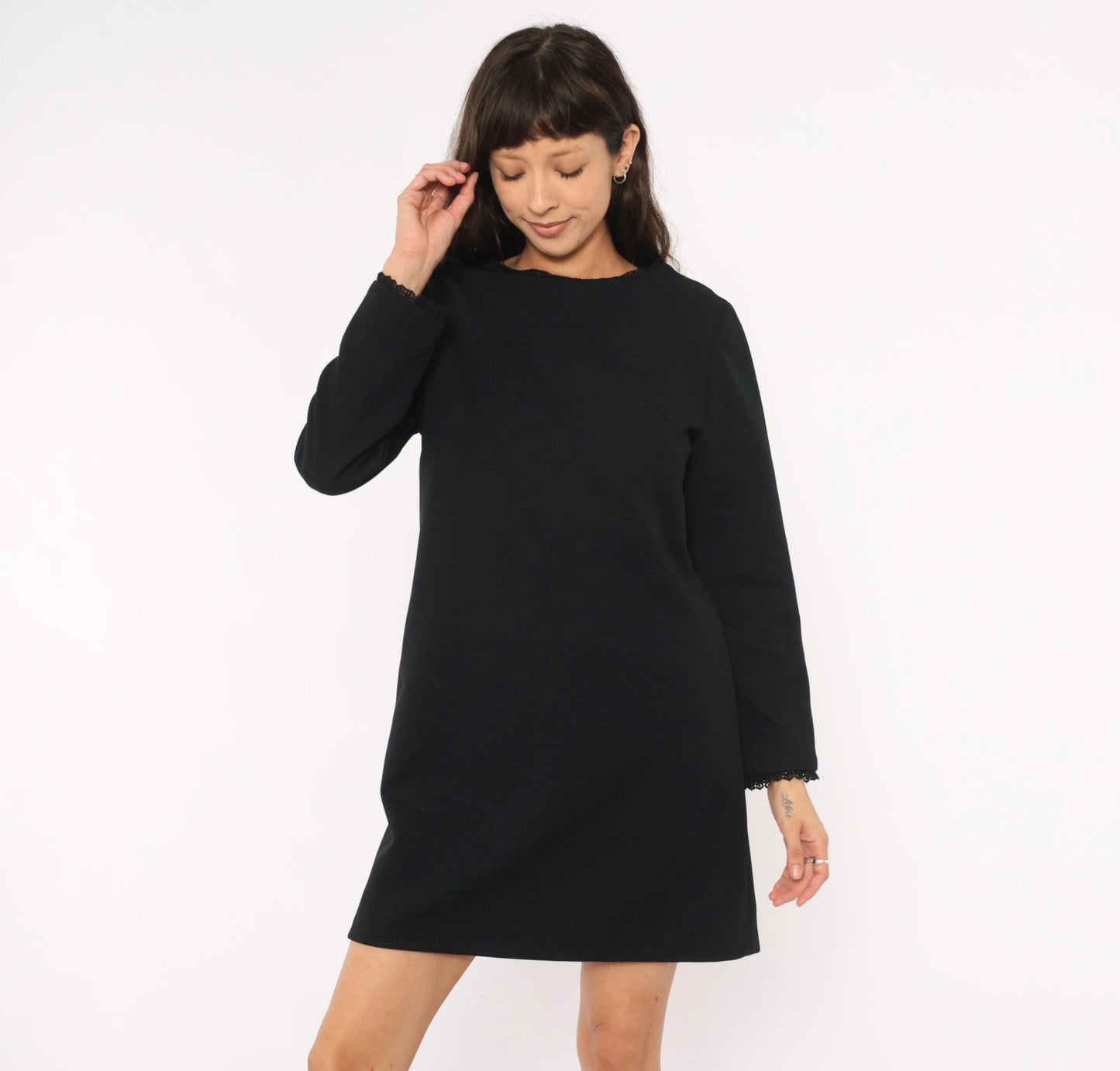 70s Meg Madison Black Shift Dress Lace Trim Long Sleeve Mini Crew Neck Large L