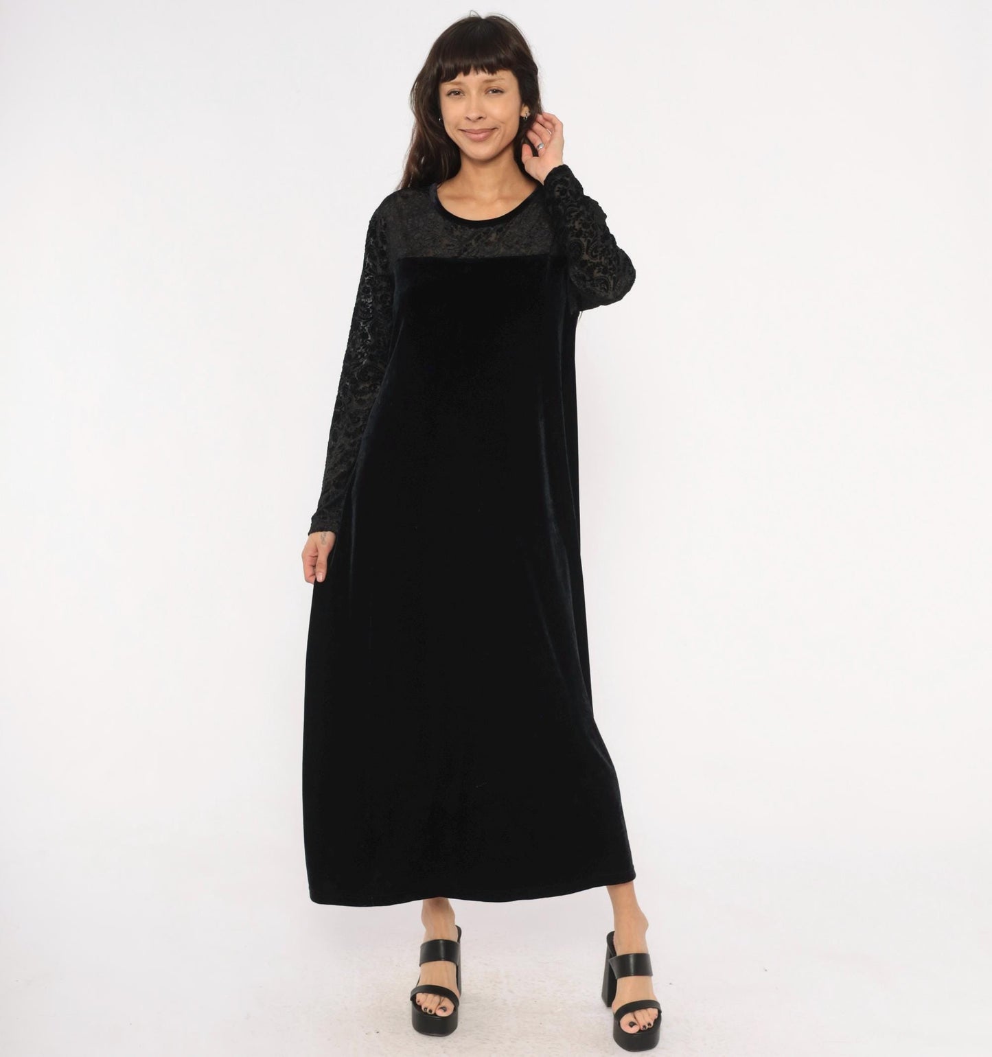 90s Jacqueline Ferrar Black Velvet Maxi Dress Lace Sleeve Gothic Gown Extra Extra Large XXL