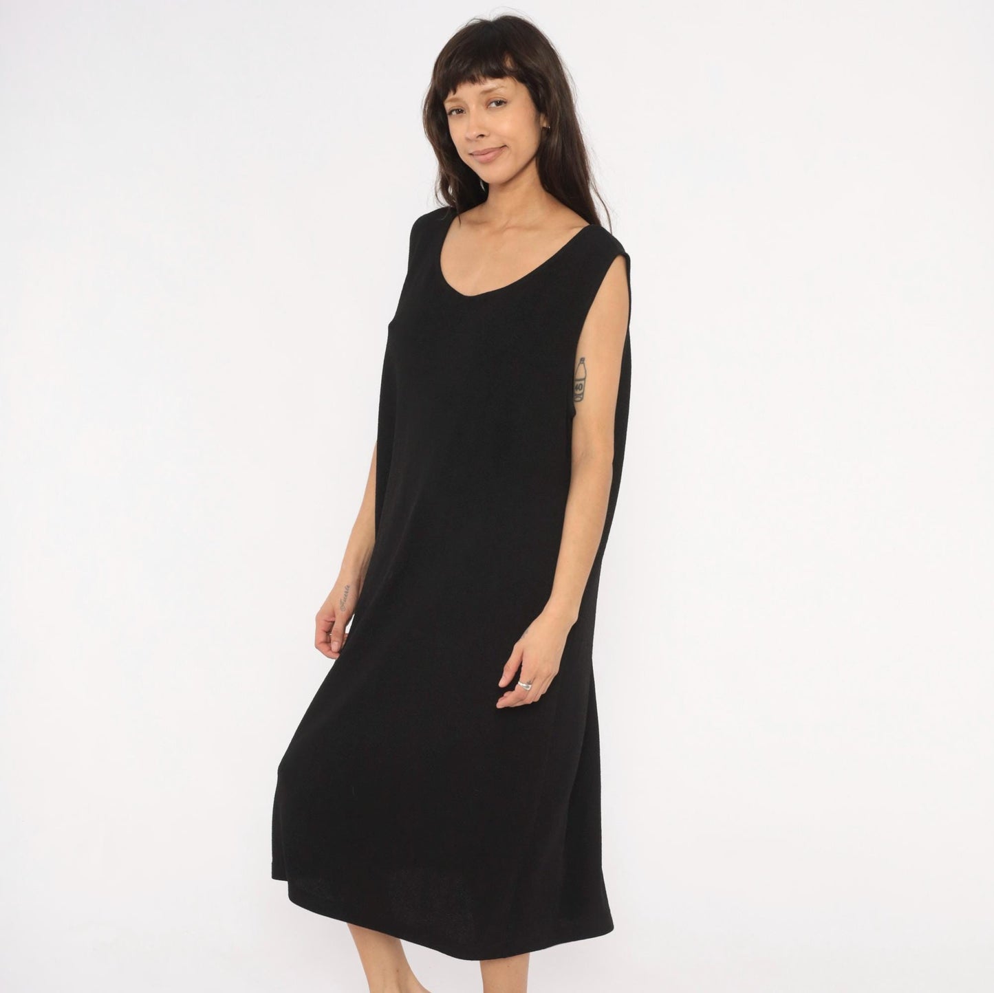 90s Dana Kay Black Sleeveless Midi Dress Scoop Neck Column Extra Large