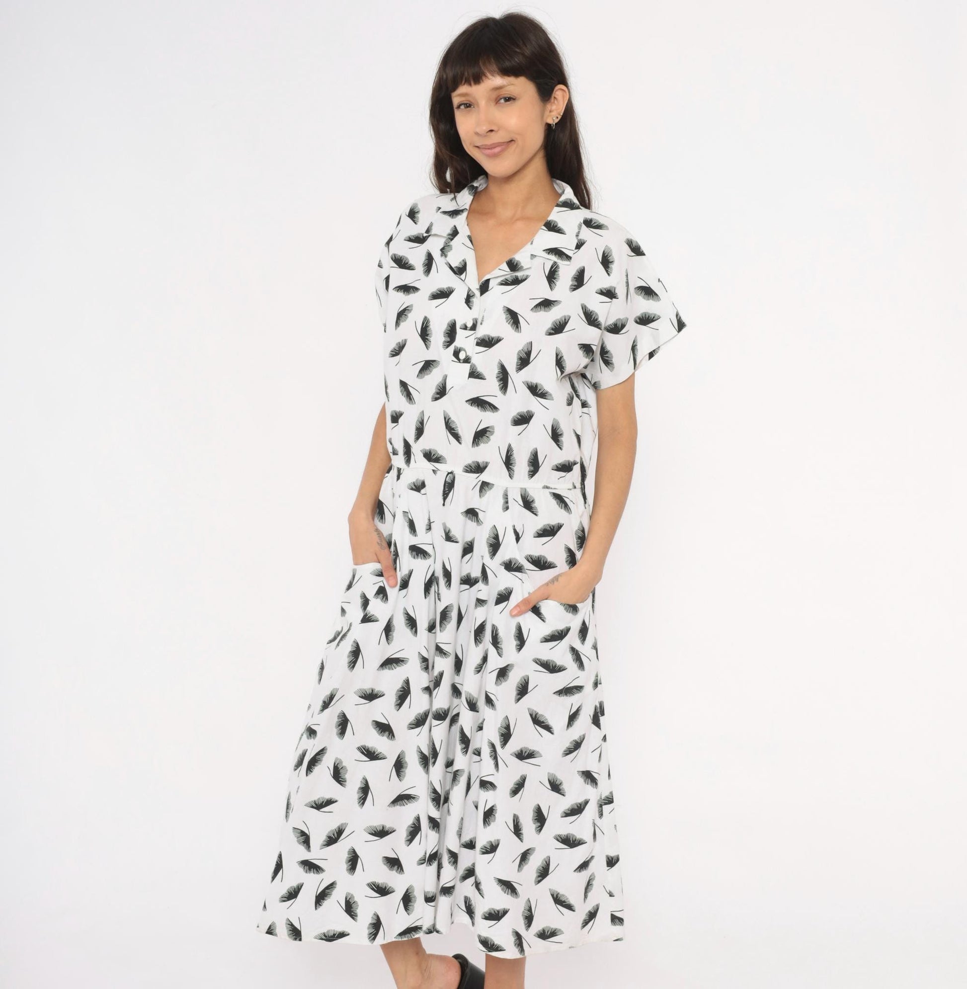 80s Lady Carol Feather Print Shirtdress White Black Cotton Midi Large L