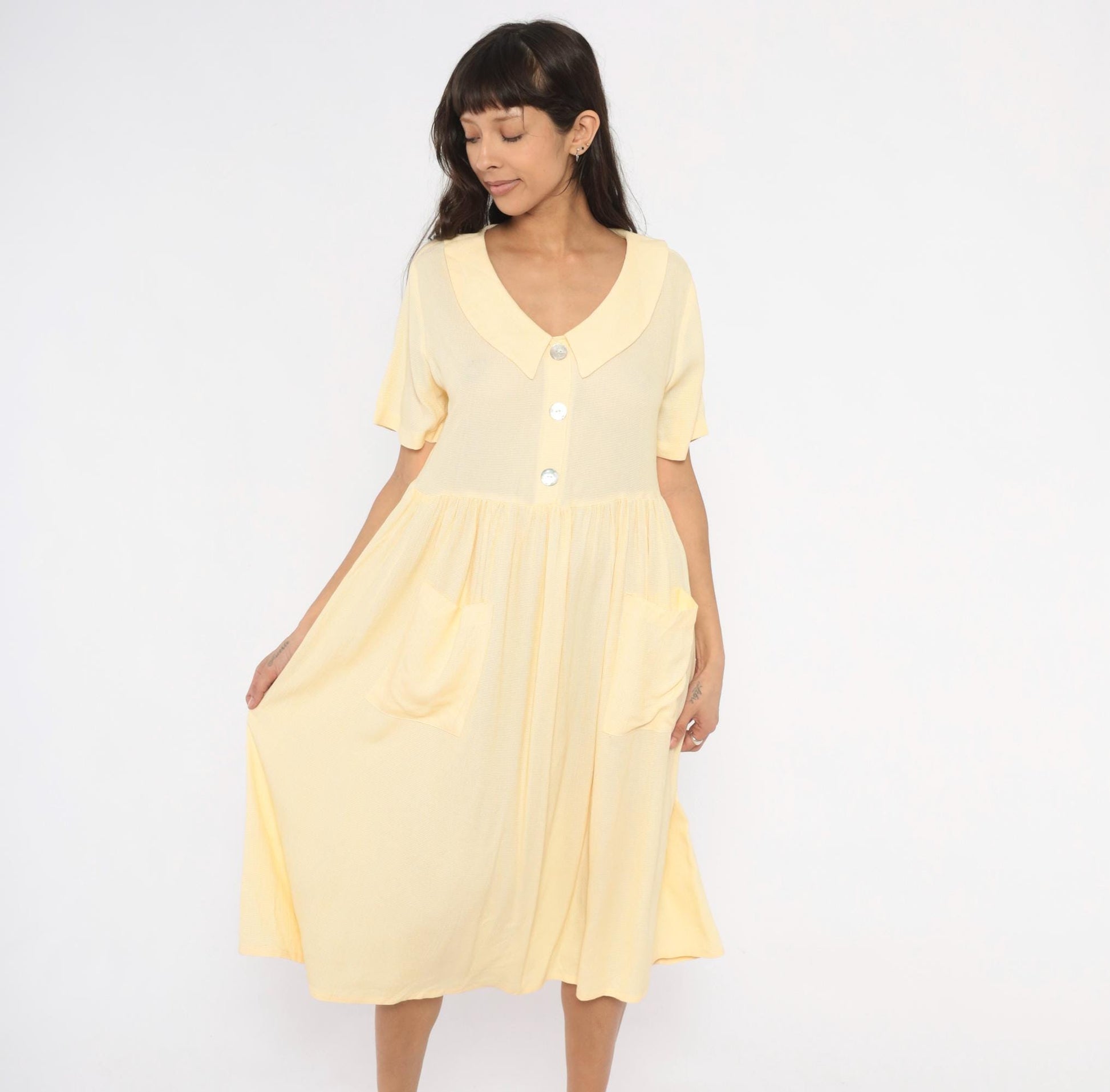 90s Dressing Clio Yellow Gingham Midi Dress Peter Pan Collar Petite Medium