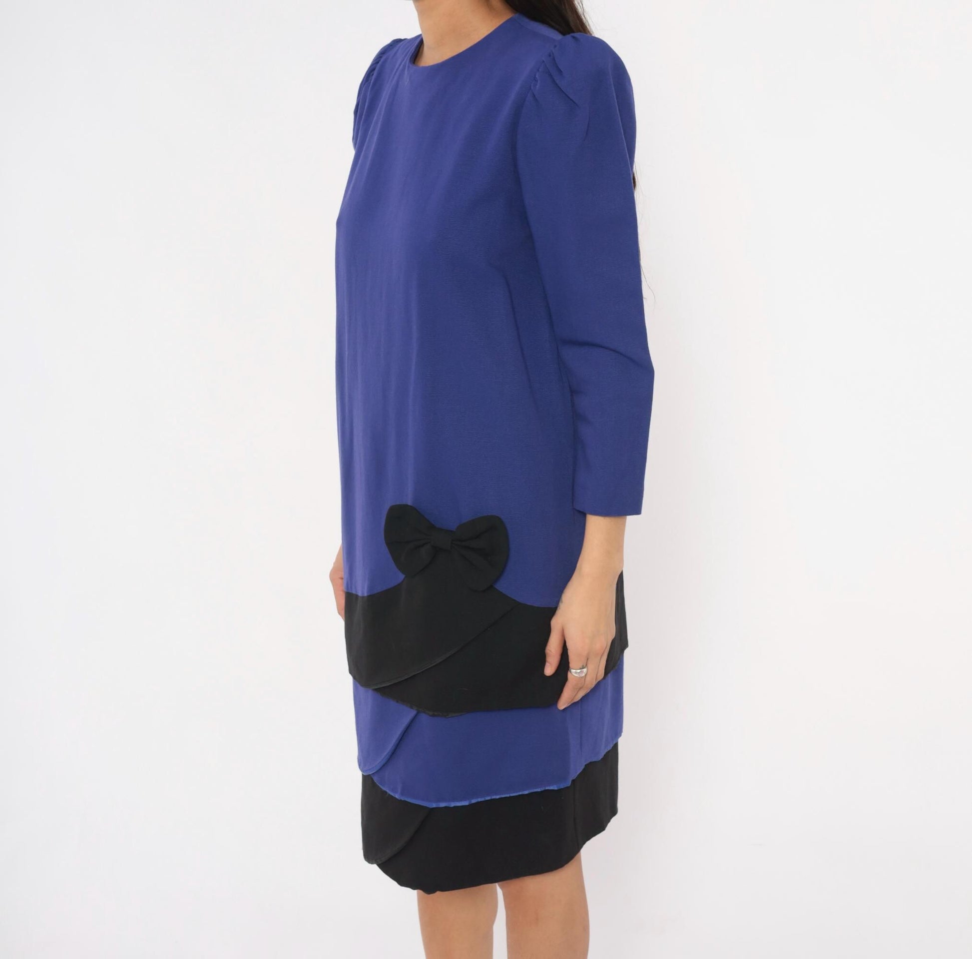 90s A Pea In The Pod Puff Sleeve Dress Purple Black Bow Knee Length Medium