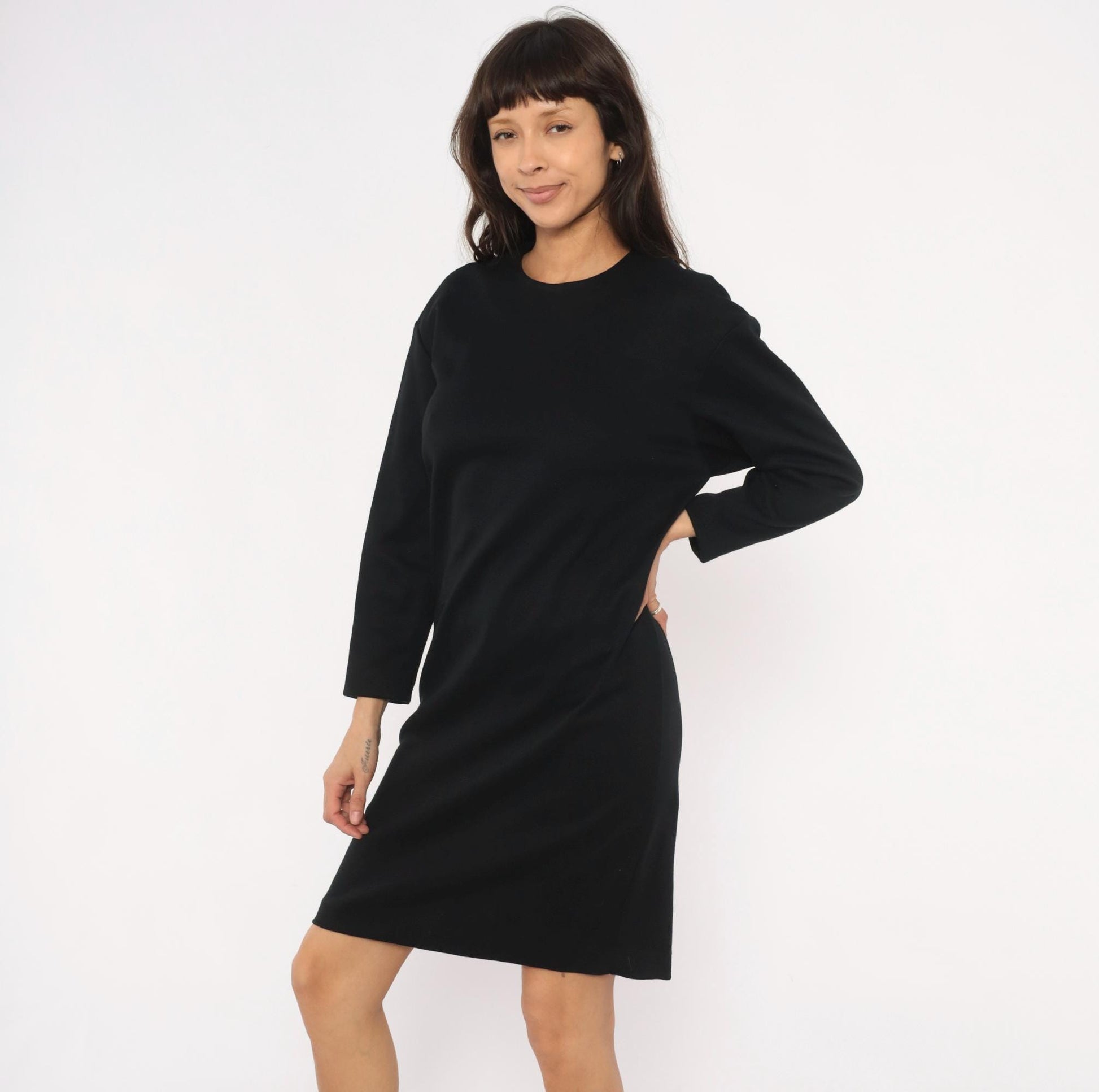 90s Positive Attitude Black Knit Dress Crew Neck Long Sleeve Knee-Length Large L