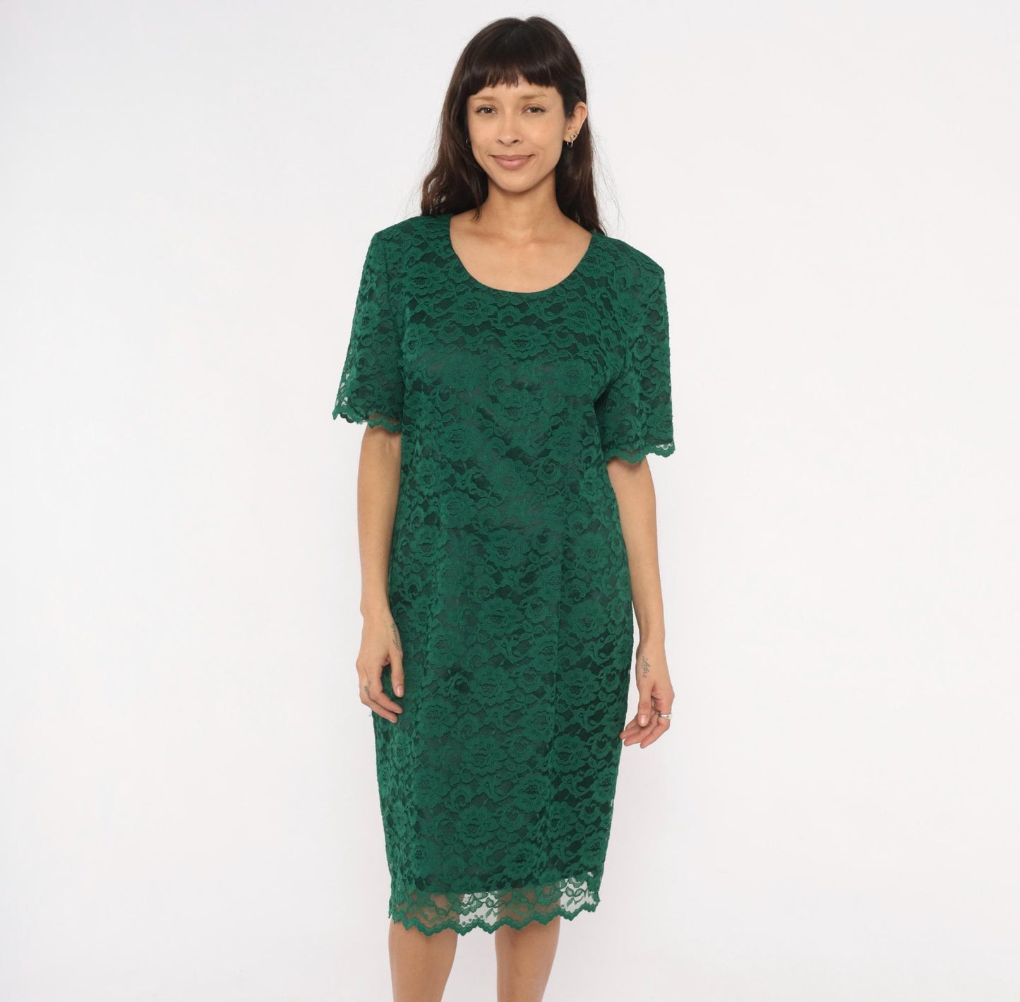 90s My Michelle Emerald Lace Dress Scalloped Hem Short Sleeve Knee-Length Extra Large