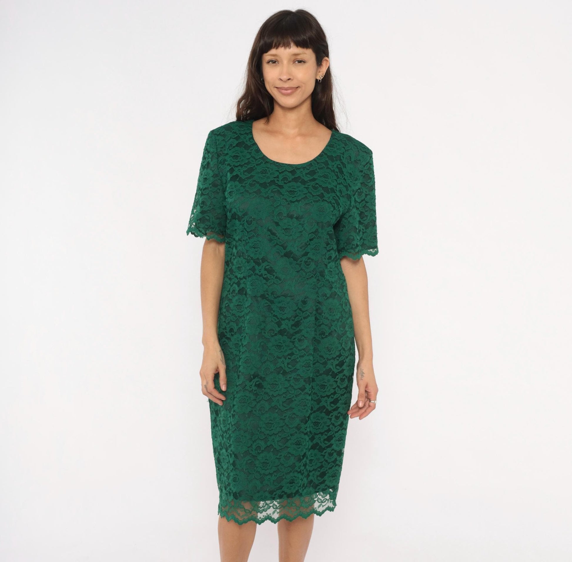 90s My Michelle Emerald Lace Dress Scalloped Hem Short Sleeve Knee-Length Extra Large
