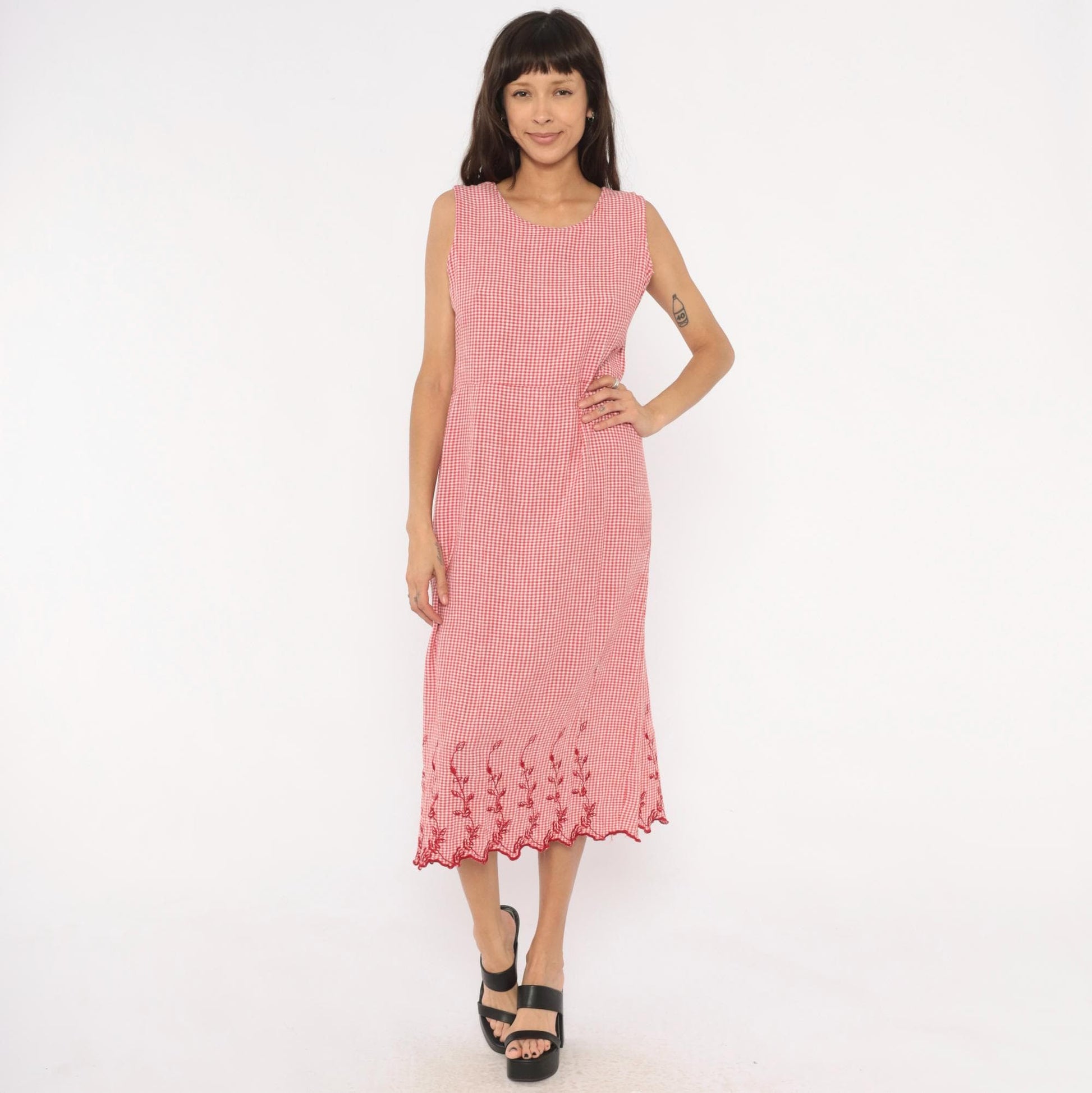 80s Country Wear Gingham Midi Dress Red White Embroidered Scalloped Petite Large