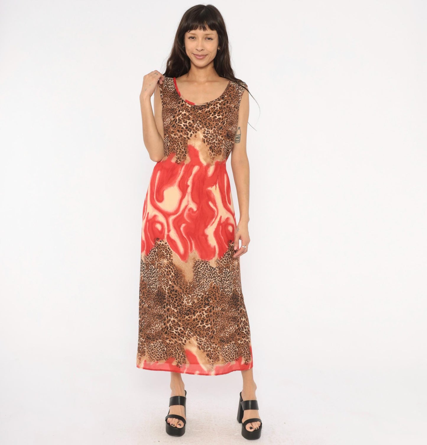 90s Leopard Flame Print Maxi Dress Sleeveless Scoop Neck Chiffon Tie Back XXL