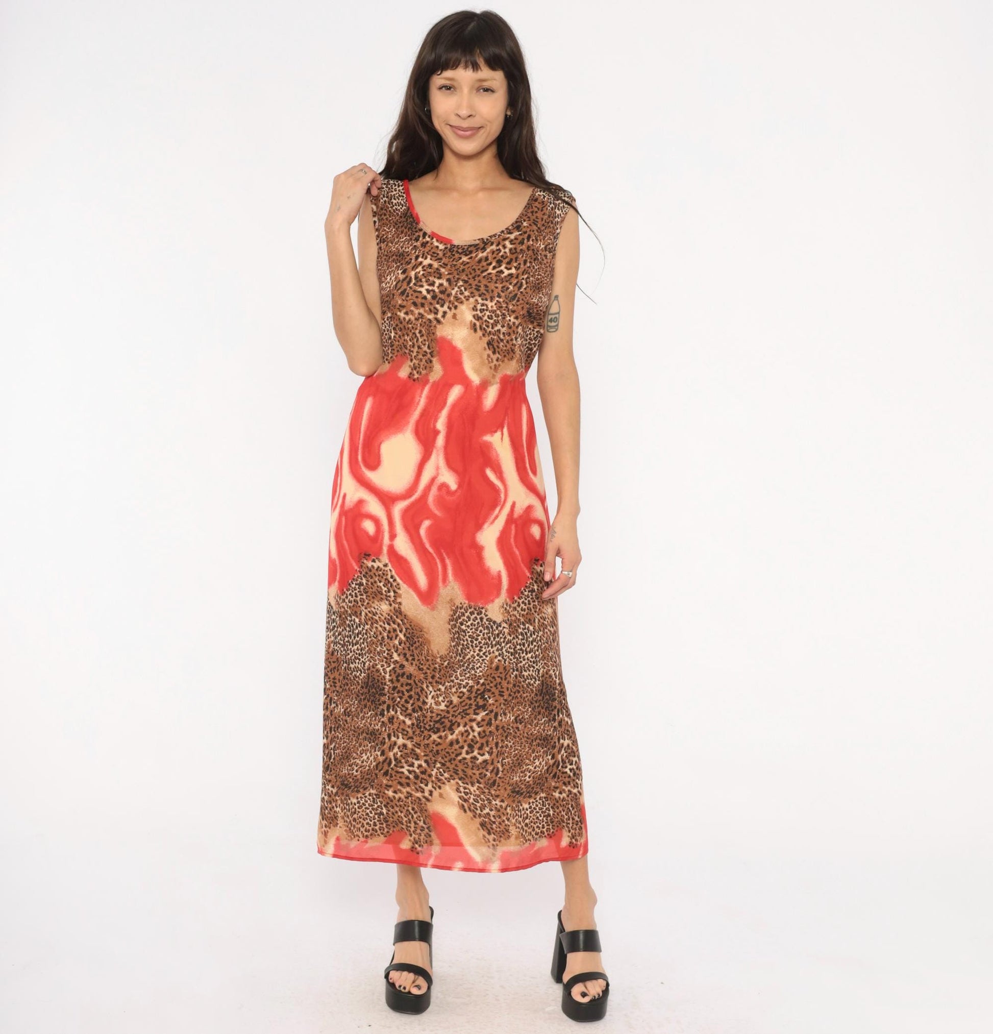 90s Leopard Flame Print Maxi Dress Sleeveless Scoop Neck Chiffon Tie Back XXL
