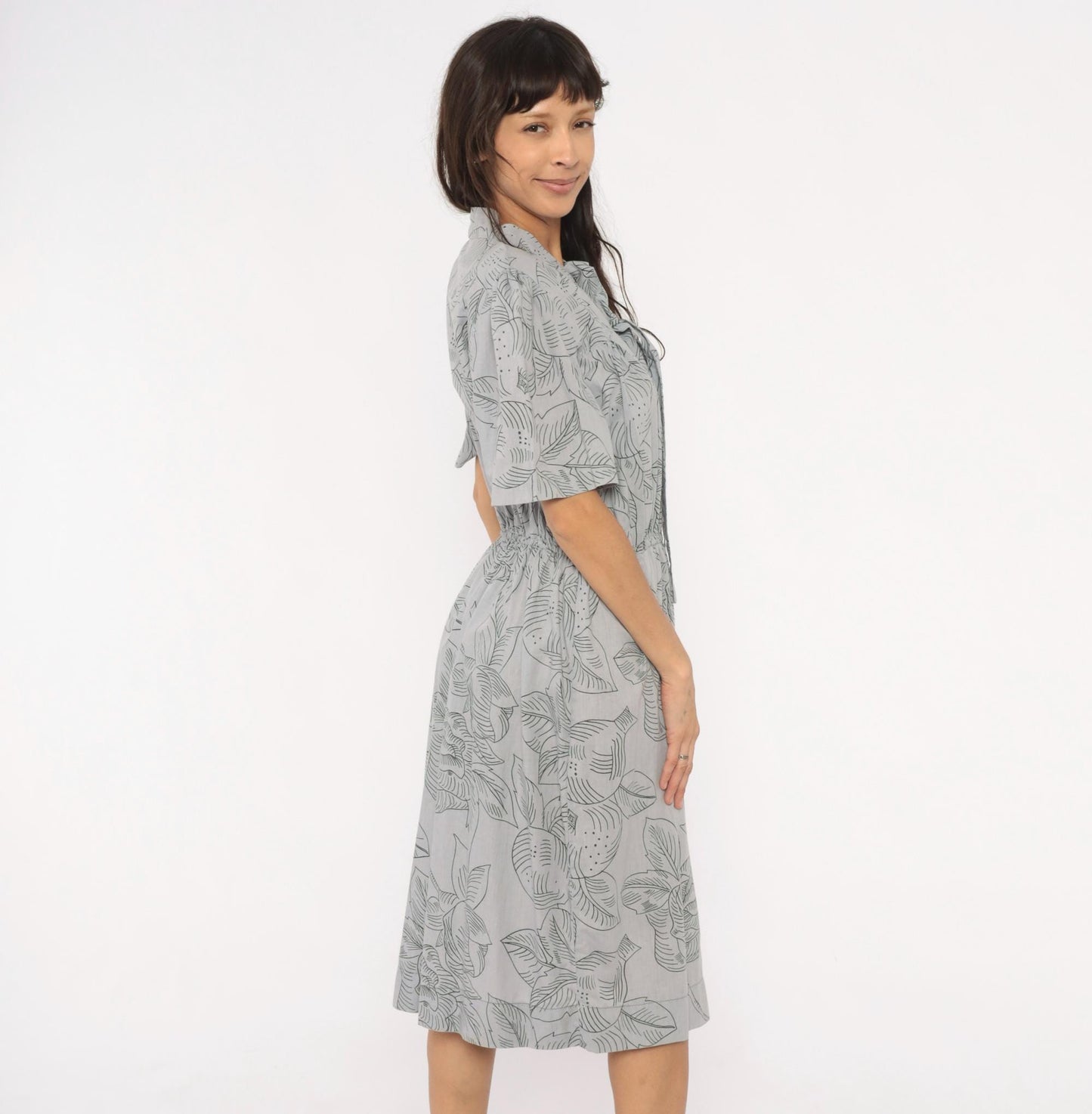 80s Botanical Leaf Print Grey Cotton Tie Neck Dress Puff Sleeve Small Medium