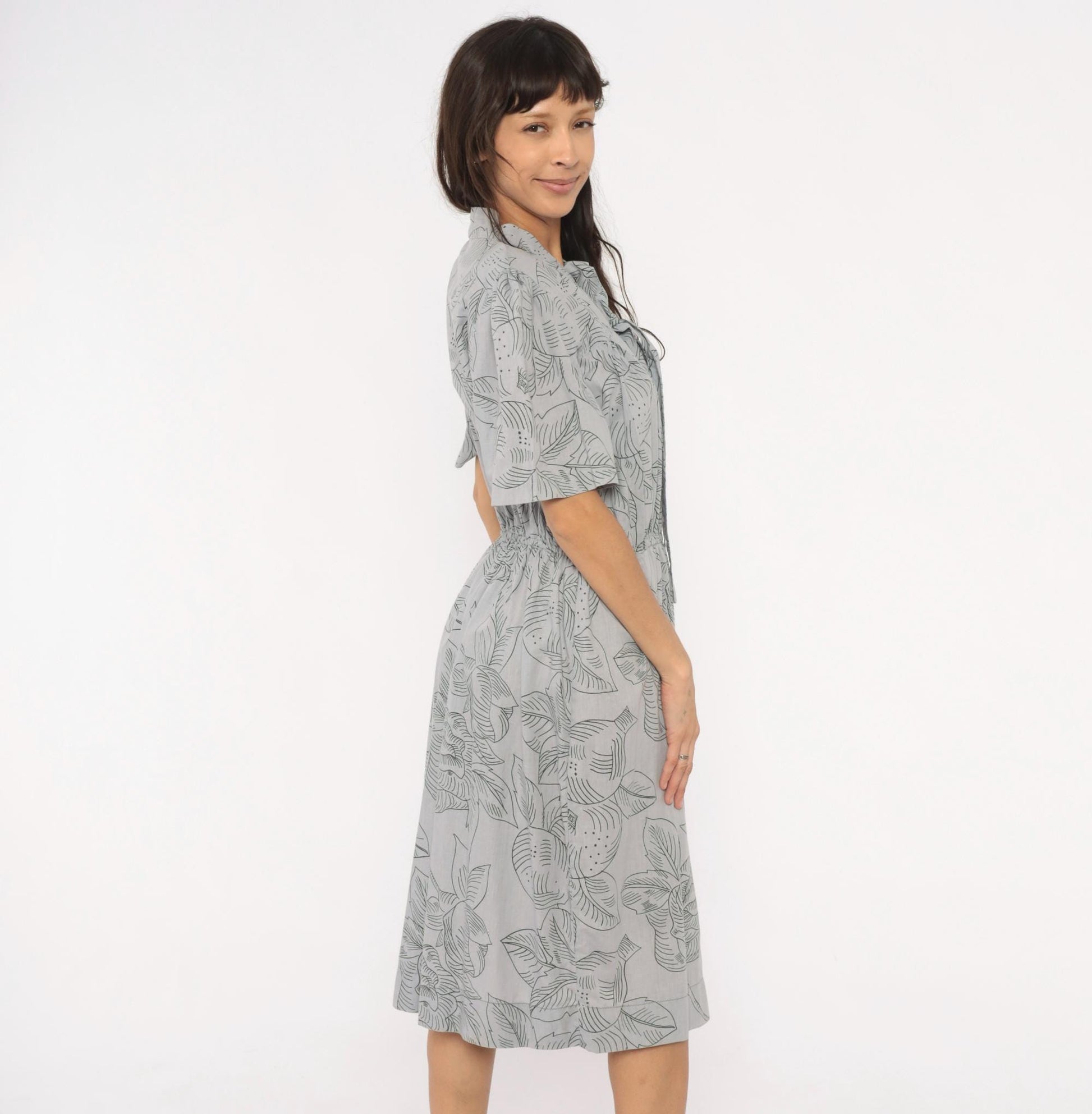80s Botanical Leaf Print Grey Cotton Tie Neck Dress Puff Sleeve Small Medium