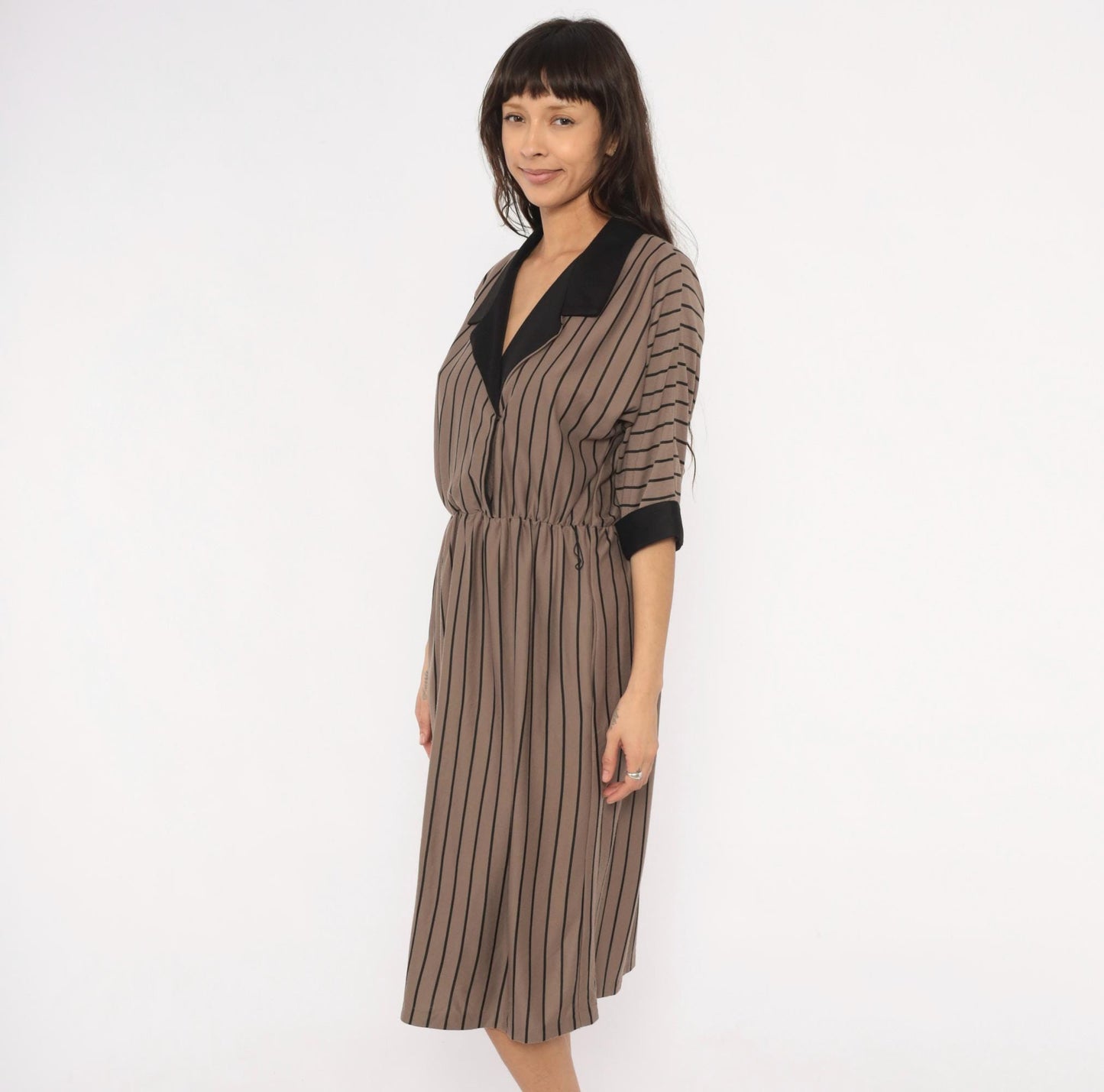 80s Studio Petites Striped Wrap Midi Dress Taupe Black Notched Collar Petite 14P