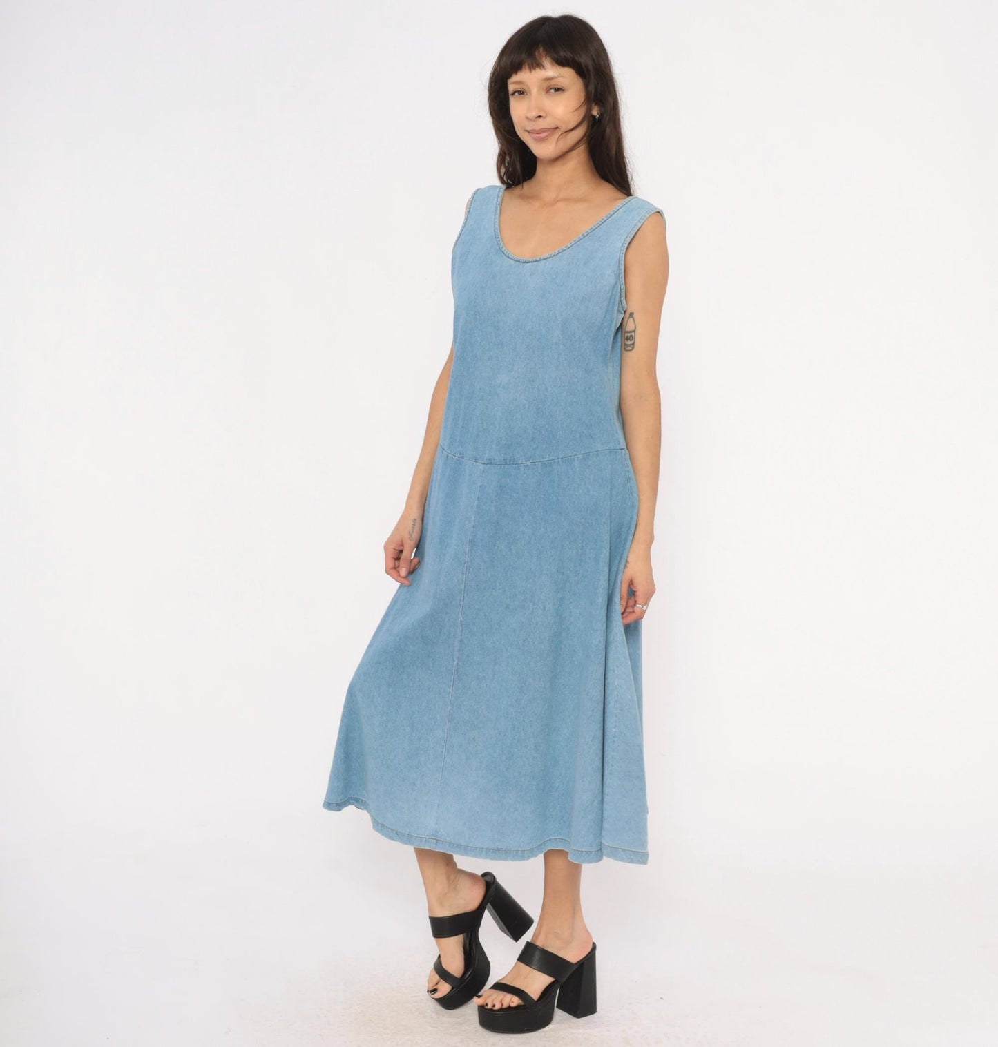 90s Splendid Light Blue Denim Midi Sundress Open Back Medium M