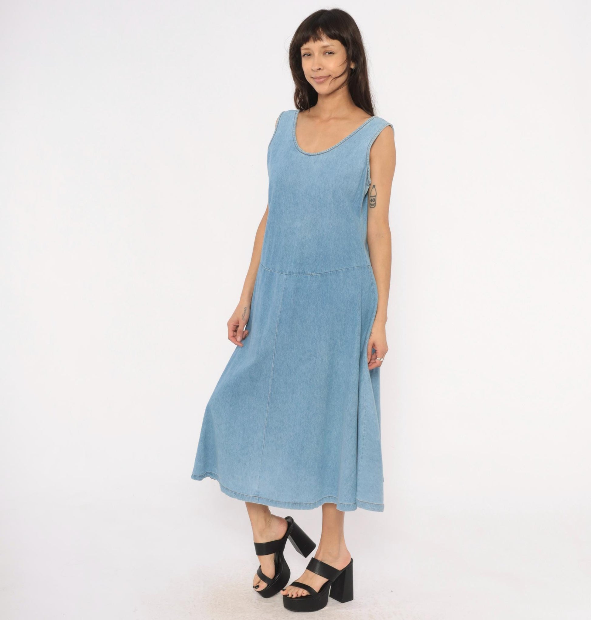 90s Splendid Light Blue Denim Midi Sundress Open Back Medium M