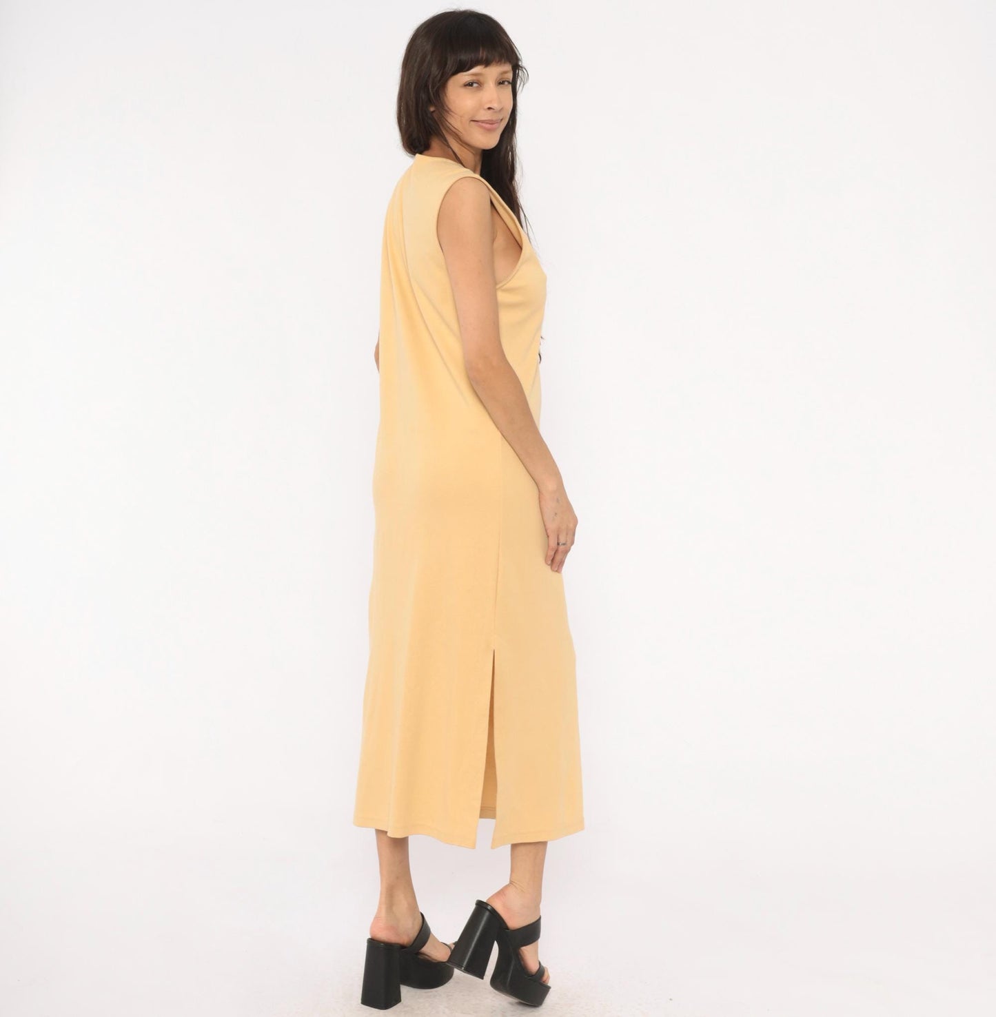 90s Weekenders Tan Maxi Dress Sleeveless V Neck Button Front Small