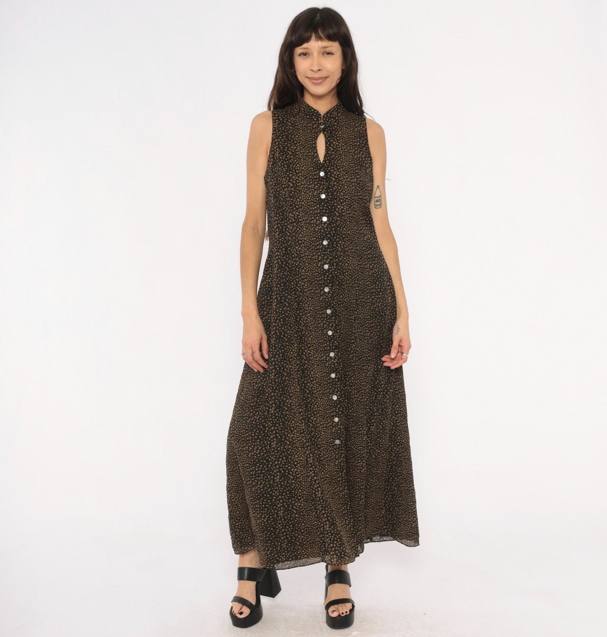 90s David Warren New York Maxi Dress Mandarin Collar Keyhole Black Tan Spotted Large L