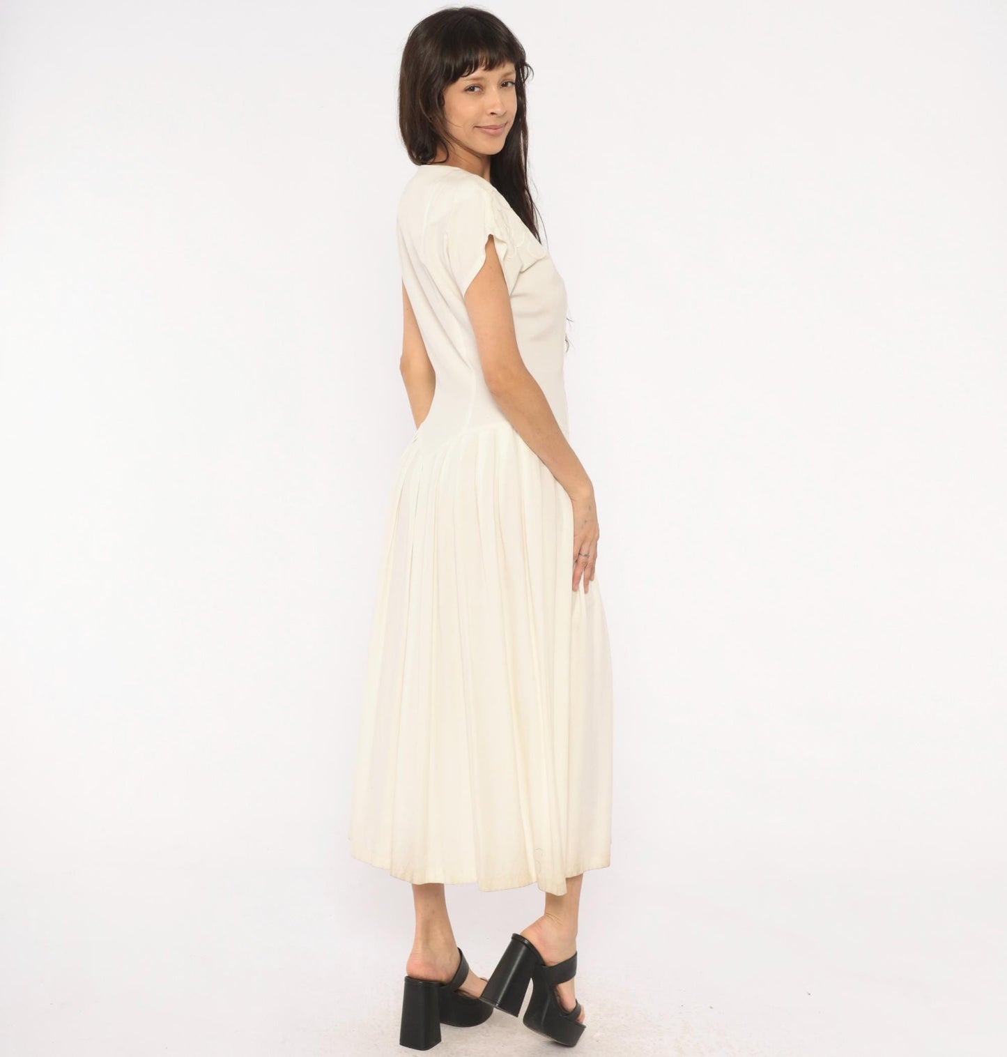 90s Jlt Soutache Embroidered Maxi Dress Cream Button Front Cap Sleeve Medium M