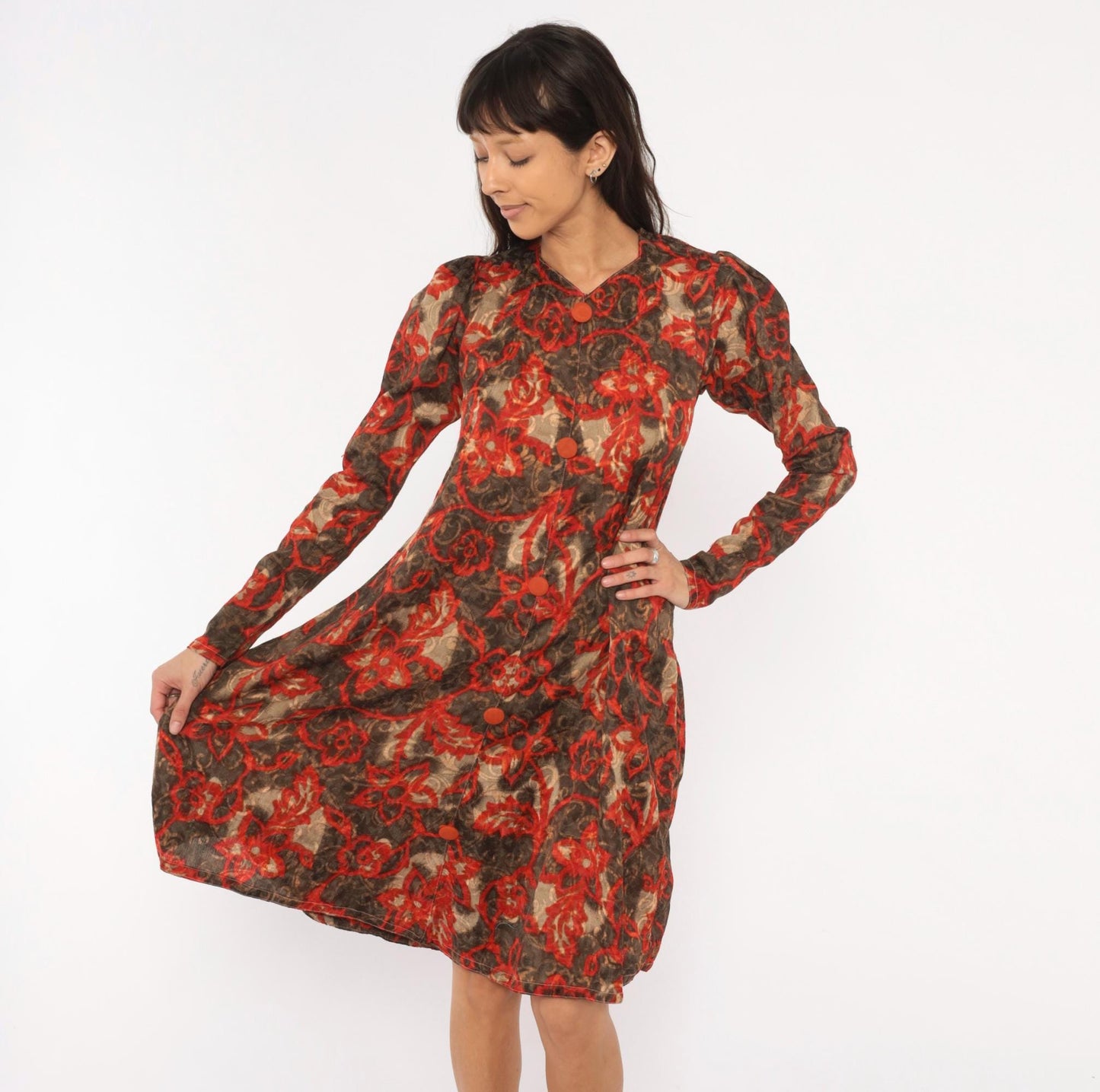 90s Floral Vine Dress Red Brown Scrolling Leaf Print V Neck Puff Shoulder Small S