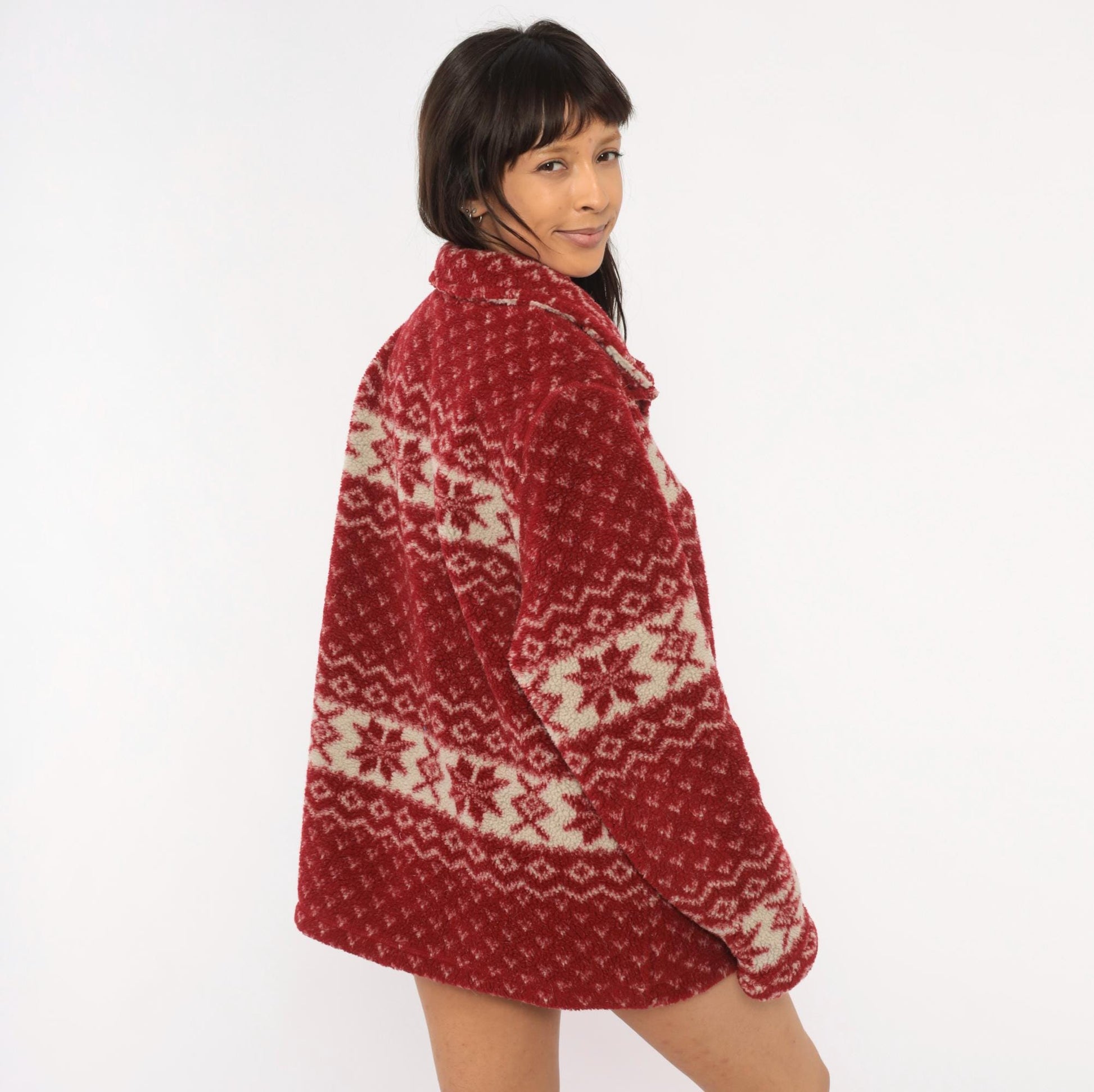 90s White Stag Nordic Fleece Shacket Cranberry Snowflake Fair Isle Large L