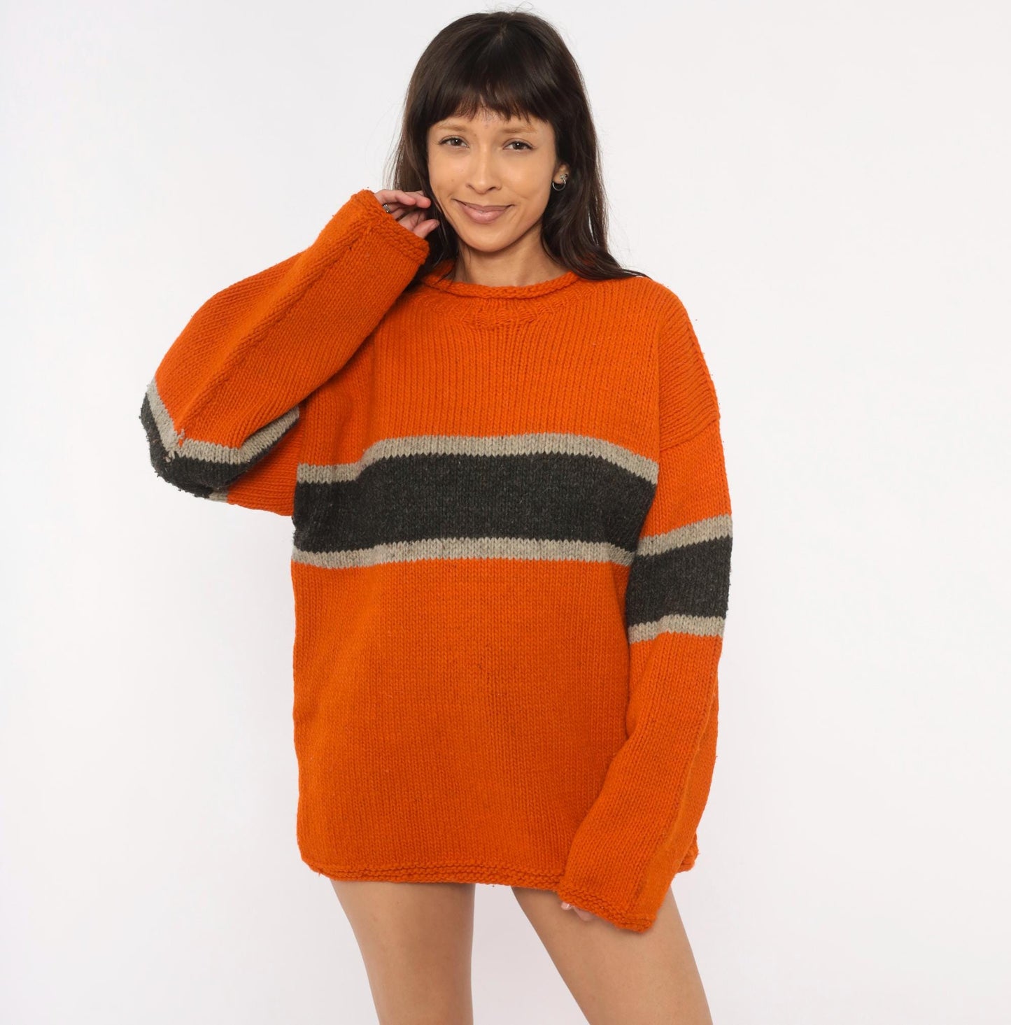 90s Sisandina Handicrafts Wool Sweater Burnt Orange Striped Chunky Knit Large