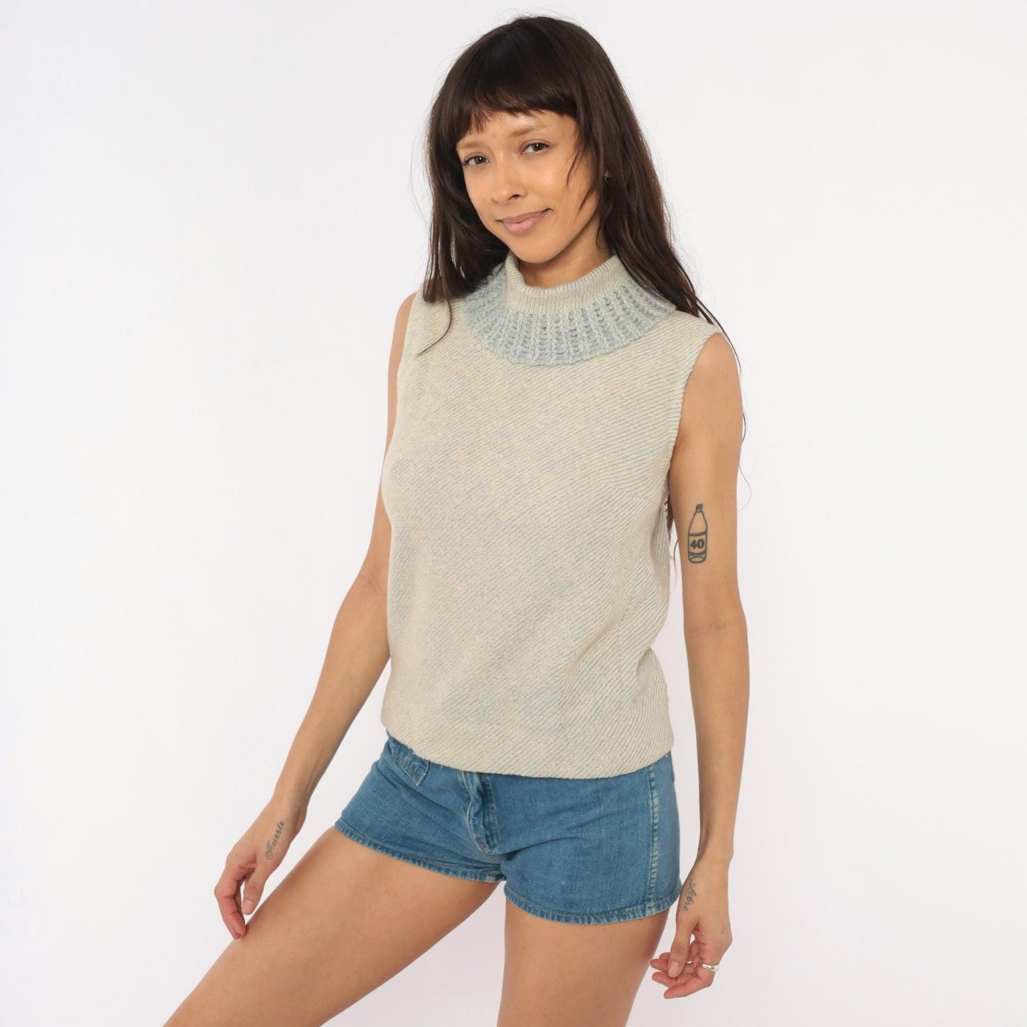 60s Gino Faves Wool Sleeveless Knit Vest Mock Neck Grey Cream Small S