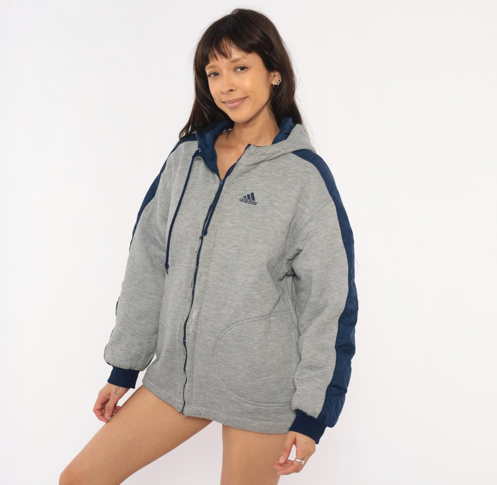 90s Adidas Reversible Windbreaker Hoodie Navy Grey Three Stripe Jacket Large L