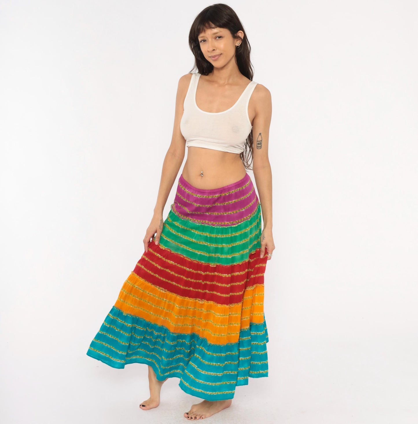 90s Rainbow Broomstick Maxi Skirt Tiered Striped Cotton Crinkled Extra Large XL