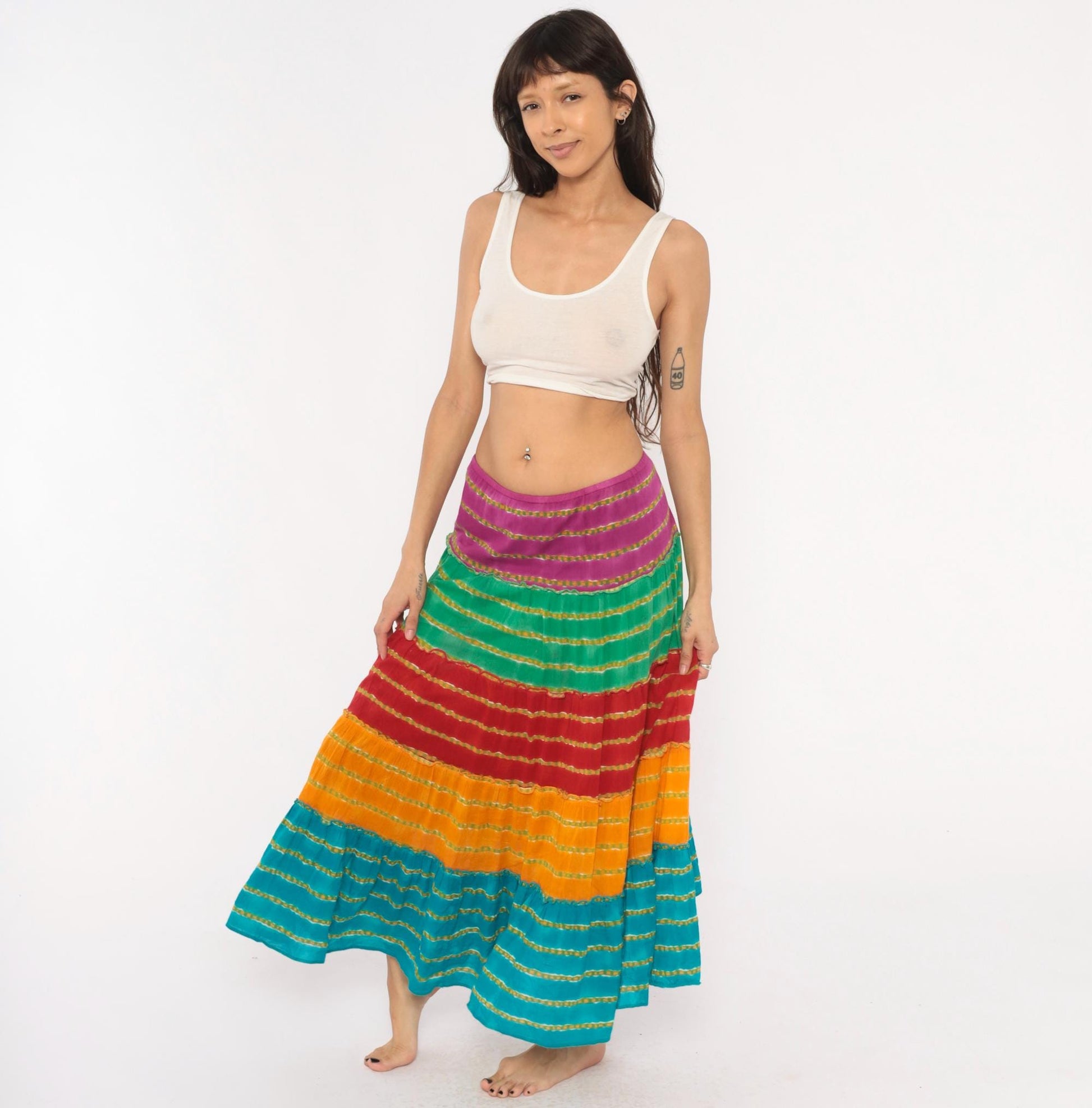 90s Rainbow Broomstick Maxi Skirt Tiered Striped Cotton Crinkled Extra Large XL