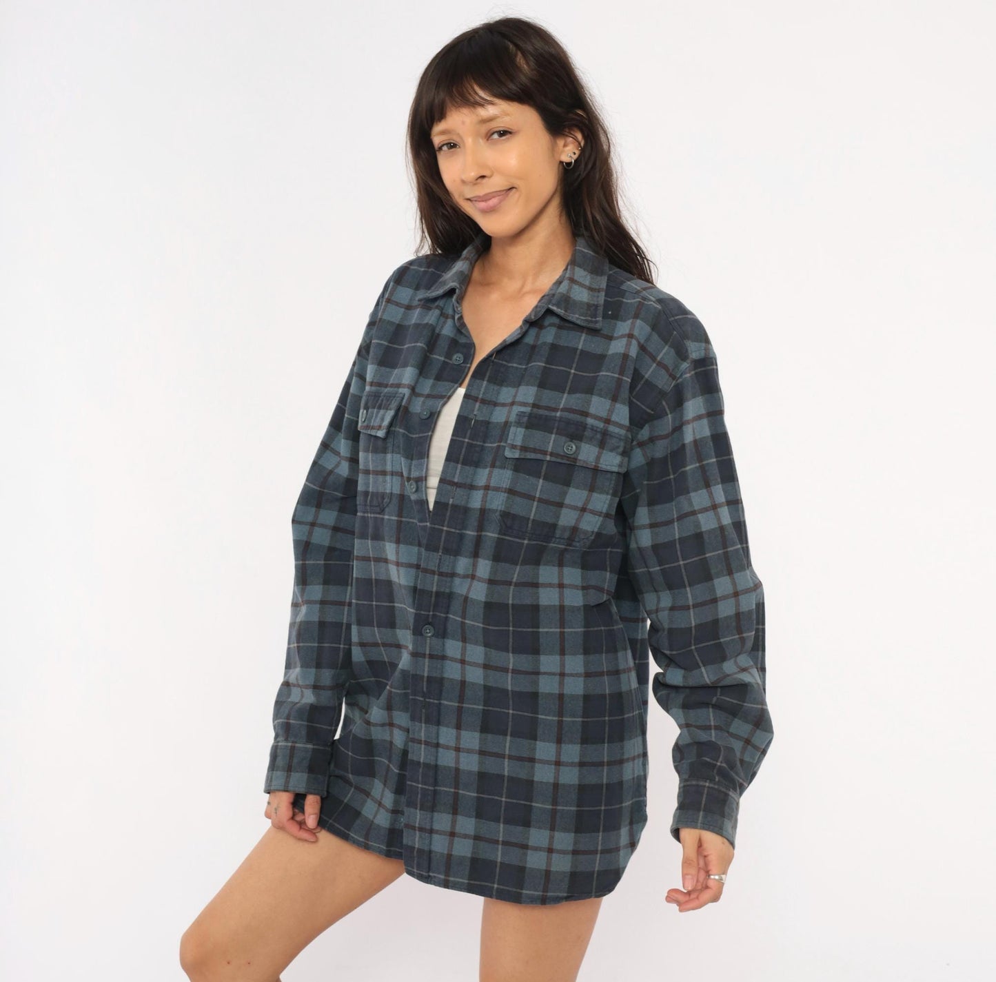 L.L.Bean 2000s Plaid Flannel Shirt Navy Burgundy Cotton Large