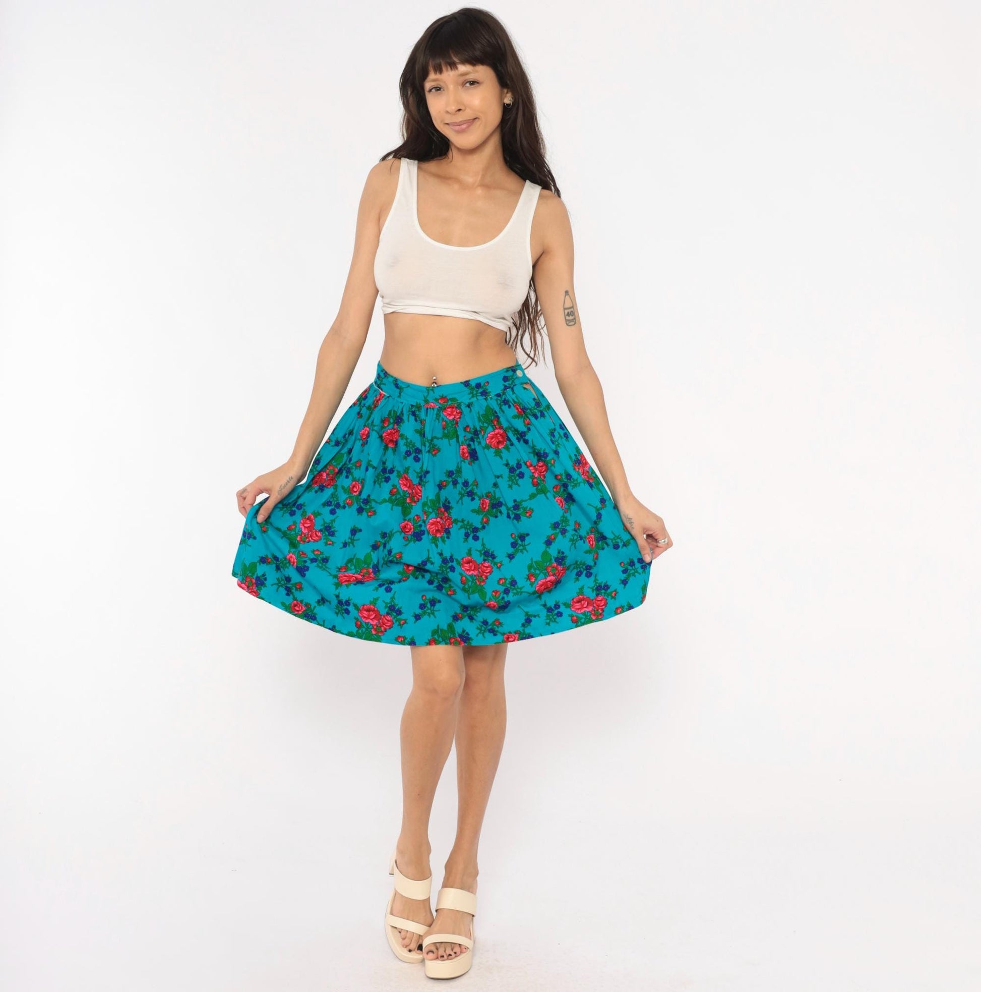 70s Teal Floral Cotton Mini Skirt High-Waisted A-Line Button Back Small S