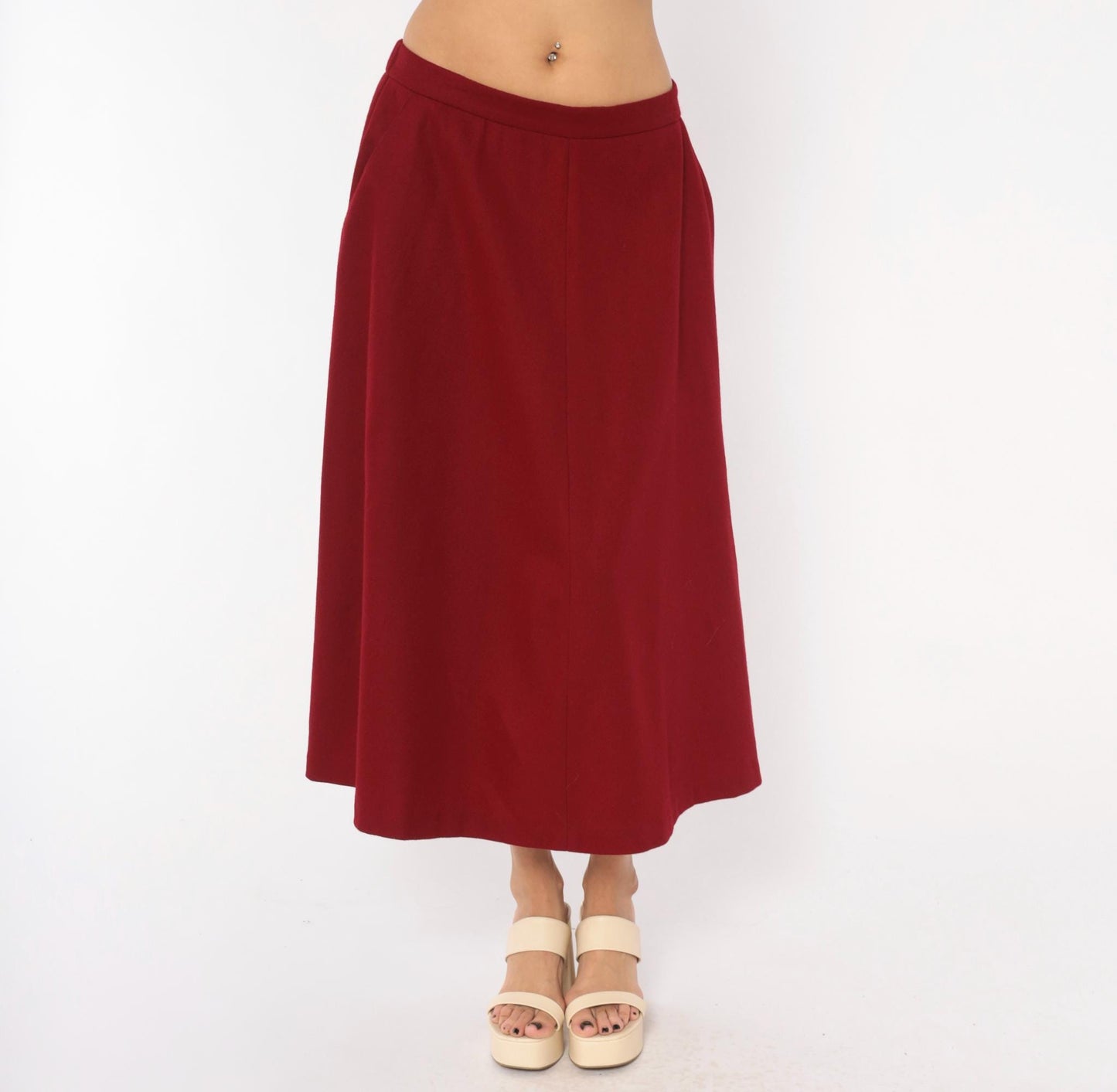 80s Koret Burgundy Wool Midi Skirt A-Line High Waist Large L
