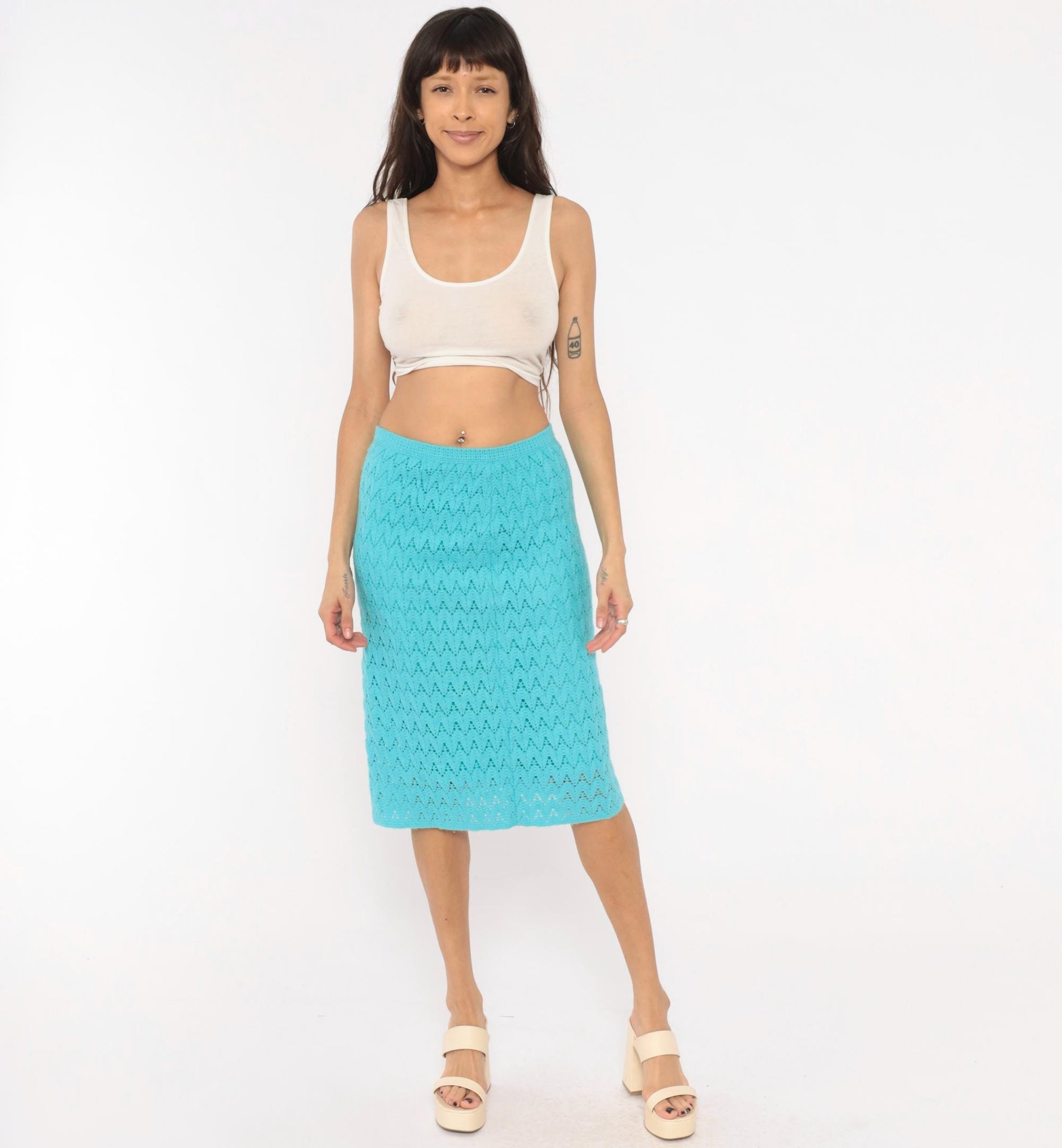70s Aqua Crochet Pencil Skirt Chevron Knit Midi Knee-Length Small