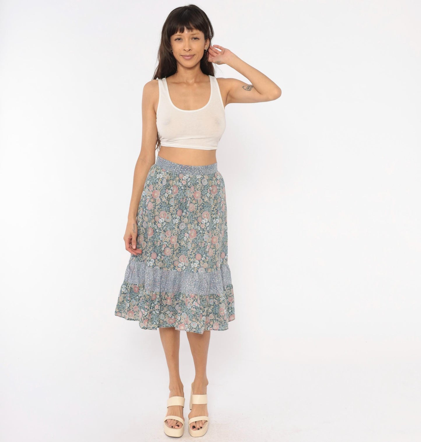 70s Floral Prairie Skirt Cotton Tiered Ruffle Dusty Blue Pink Extra Small XS